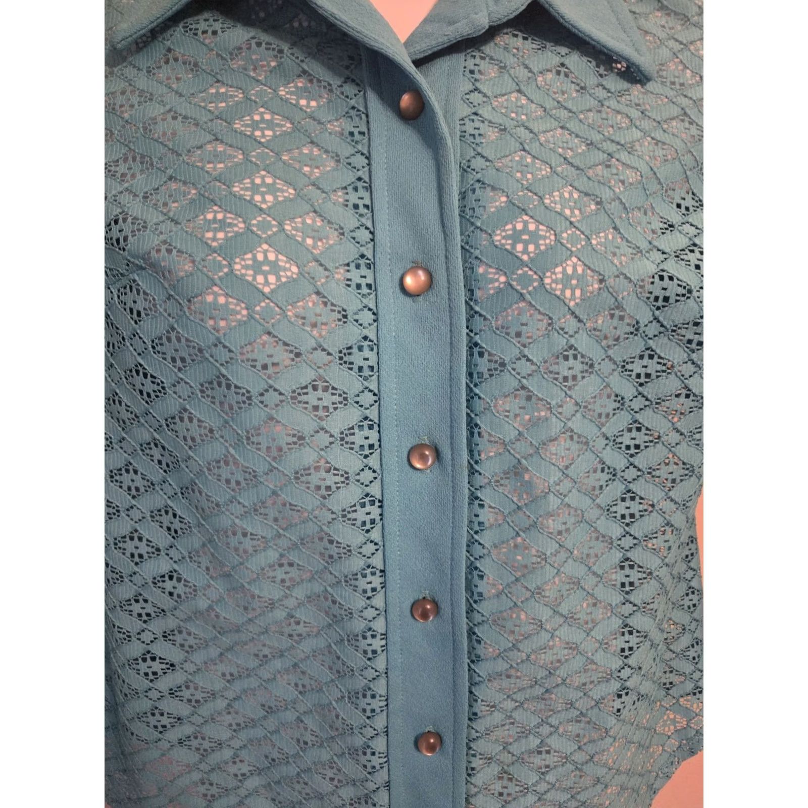 Vintage VINTAGE 70s Teal Lace Blouse Top Plus 16.5 60s Size XXL / US 16-18 / IT 52-54 - 2 Thumbnail