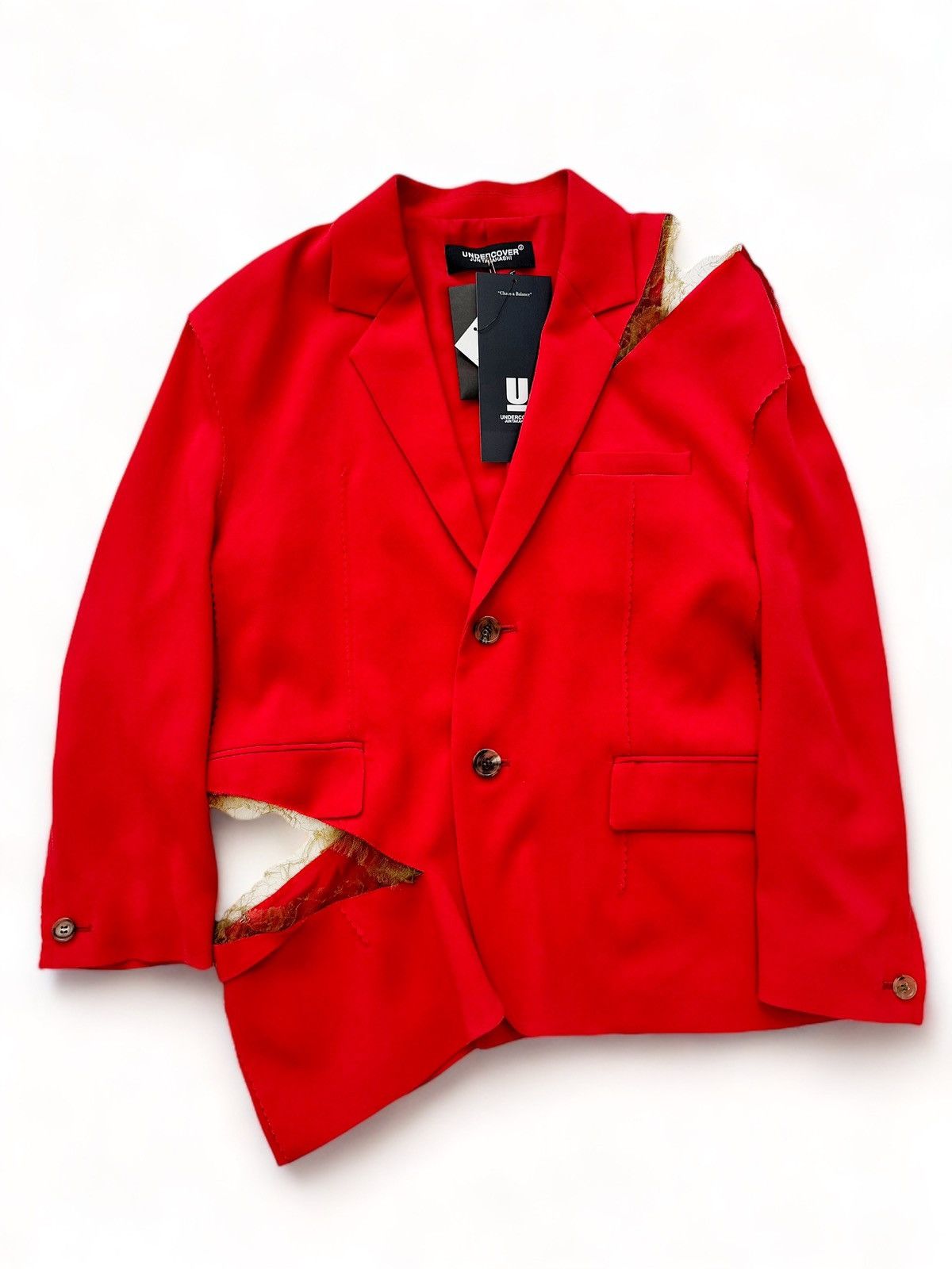 image of Undercover (Sz 1) $1,140 Silk Acetate Split Deconstructed Red Blazer, Women's (Size Small)