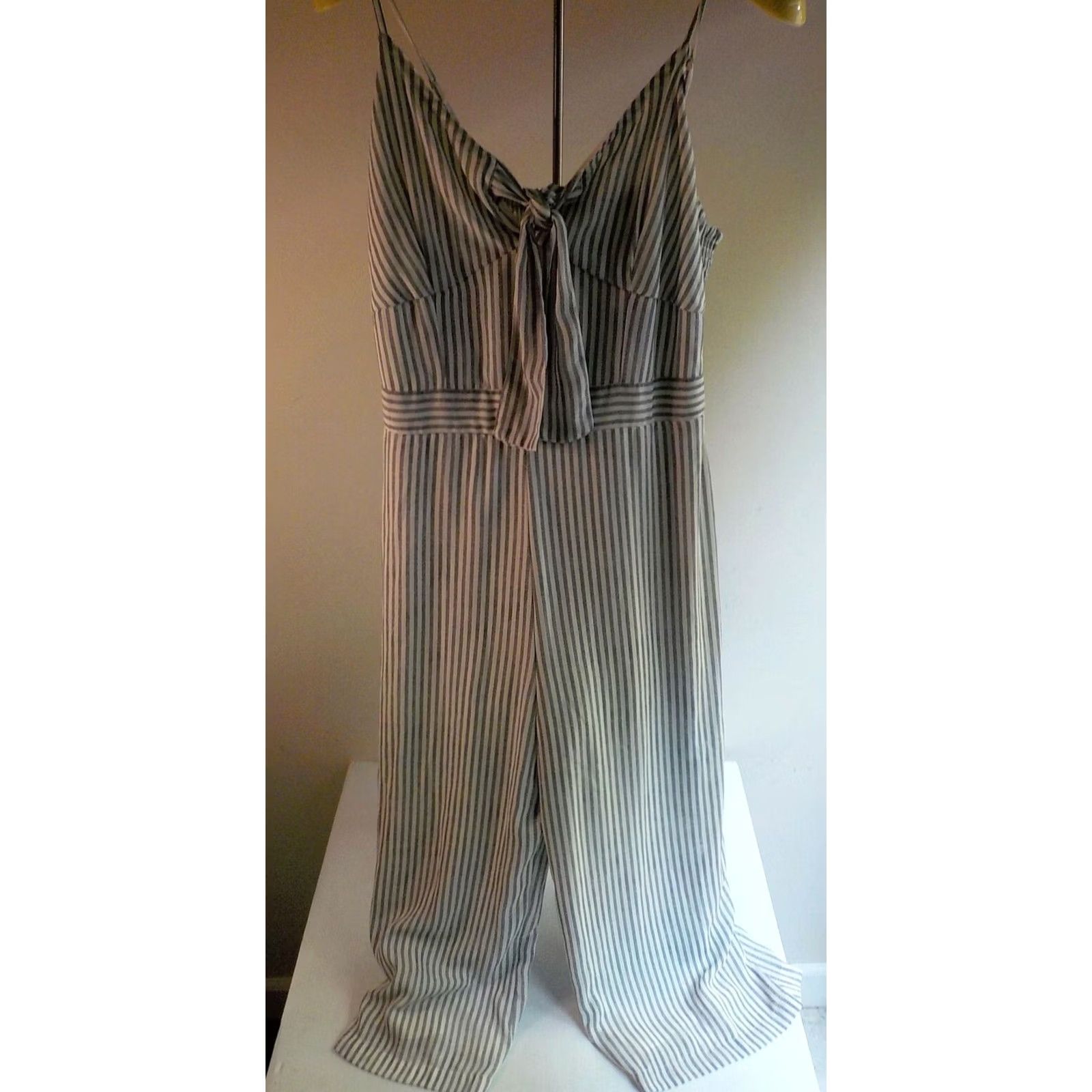 Vintage JAPNA Spaghetti Strap Striped Jumpsuit W/Elasticized Back Blue/Ivory Poly NWT Large Womens Size 36" / US 14 / IT 50 - 2 Thumbnail