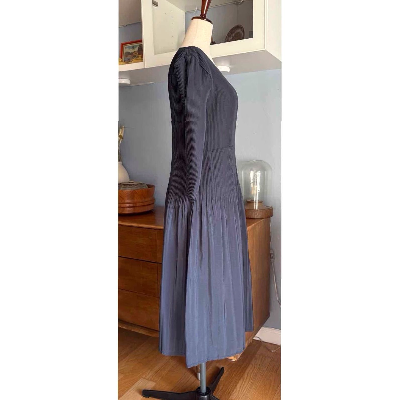 Vintage KI Meng Pleated Pleats Midi Maxi Dress Crinkle Gray/Blue Lagenlook Art O/S Lagenlook Art Size ONE SIZE - 2 Thumbnail