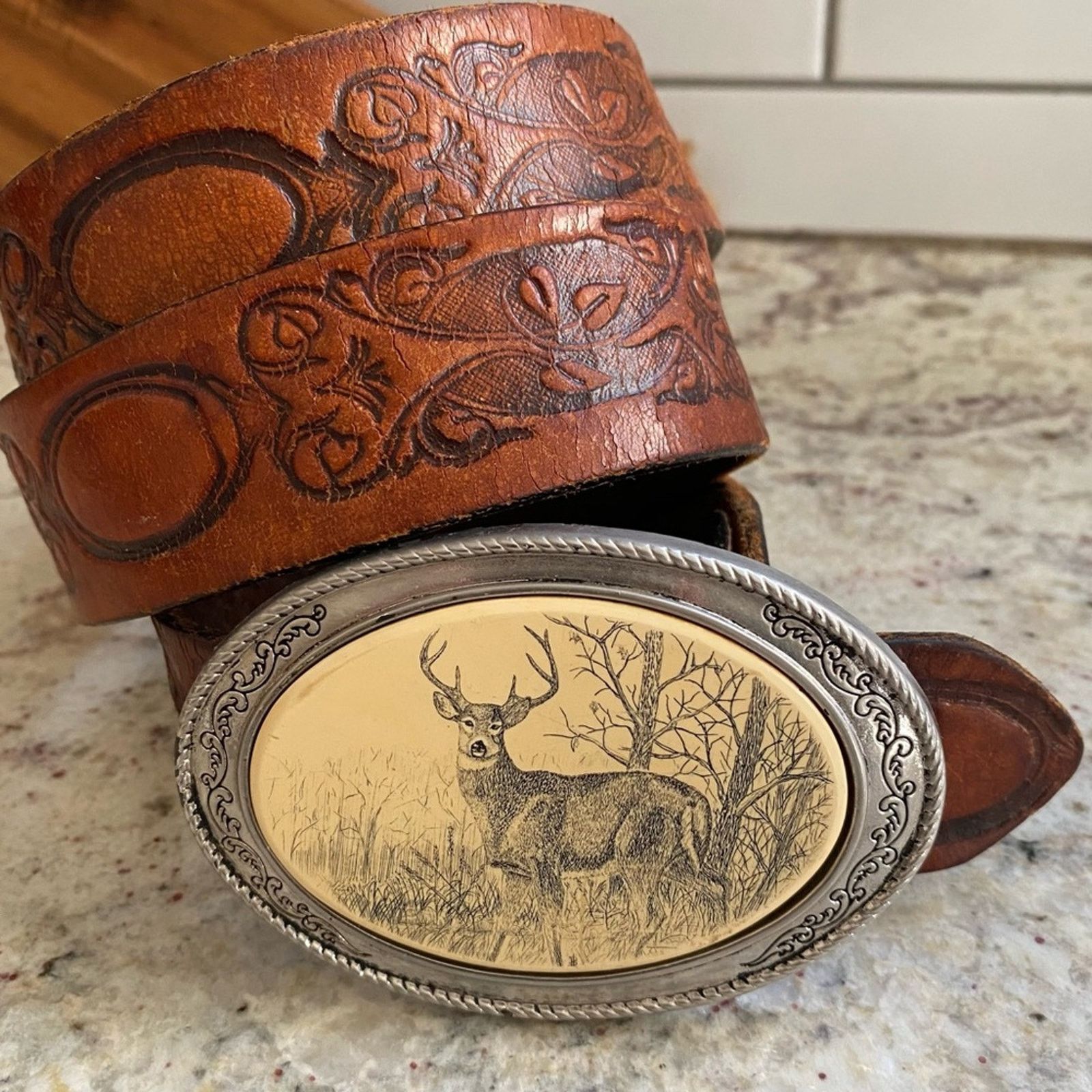 Vintage Vintage BARLOW USA Deer Stag Silver Tone Belt Buckle 38-43” Size 38 - 2 Thumbnail