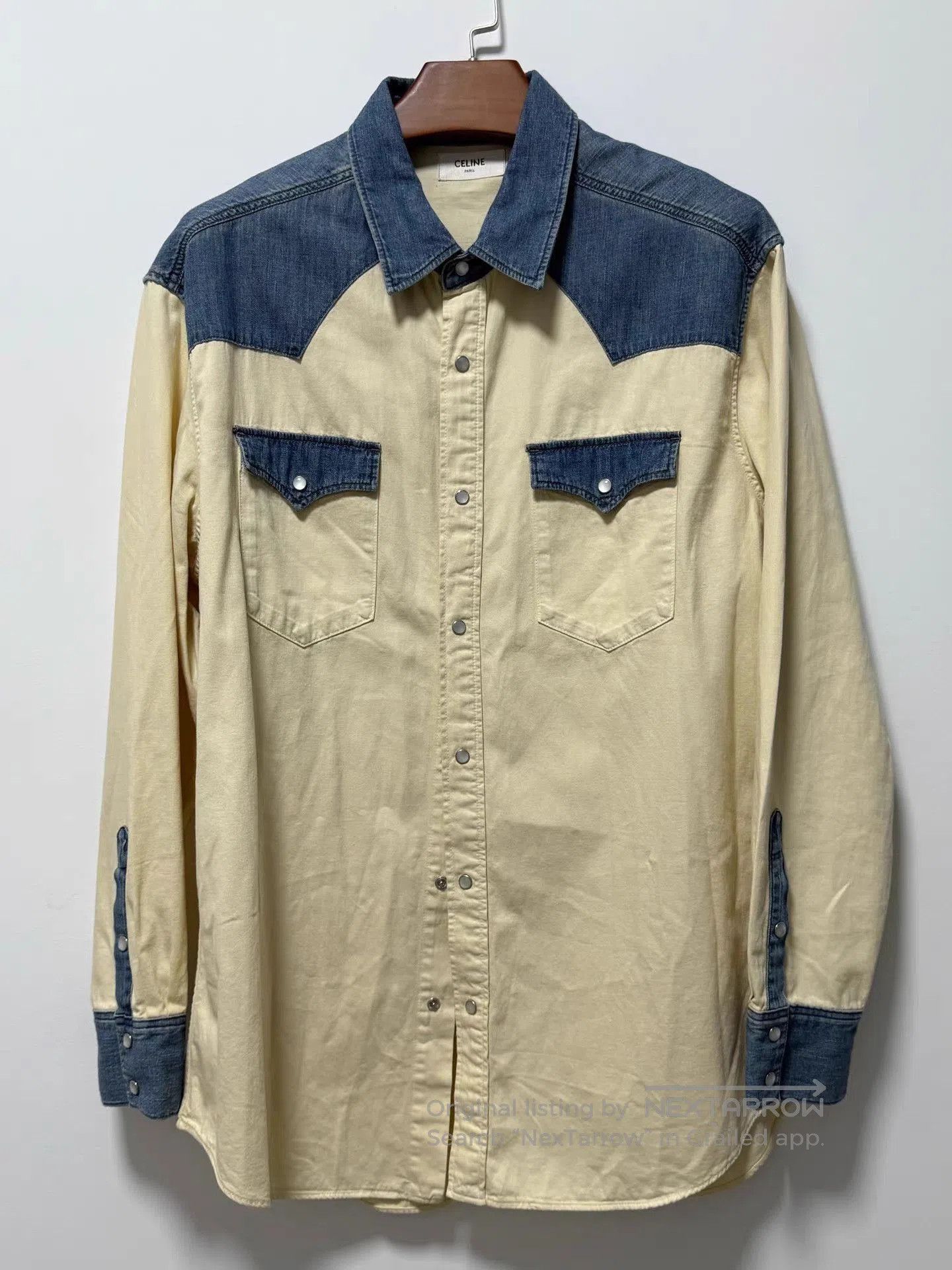 Beige Denim Accent Long Sleeve Button-Up Shirt.