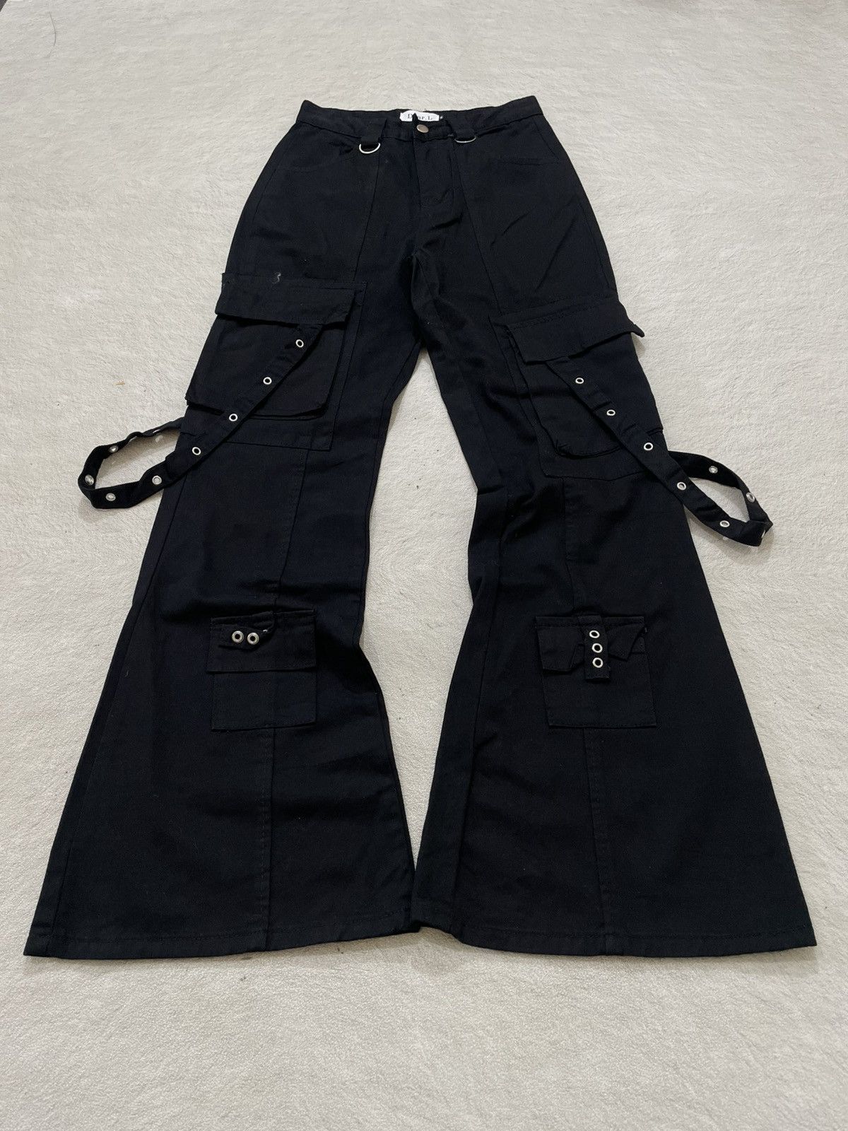 Y2K Black Bondage Cargo Pants Strap Flare Denim Gothic Style