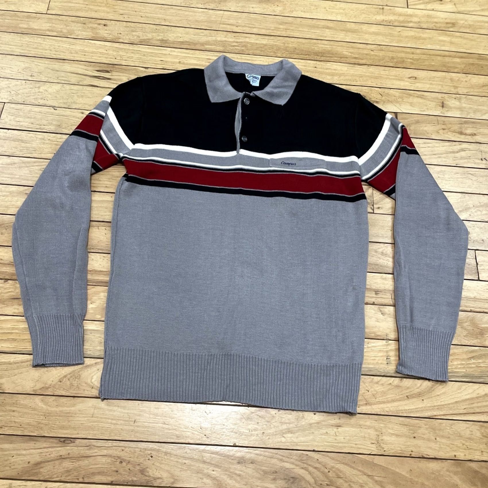 Vintage CAMPUS Polo Shirt Men L Gray Black Red Stripe Knit Vintage 1970s Classic Polo Shirt Mens Size US L / EU 52-54 / 3 - 3 Thumbnail