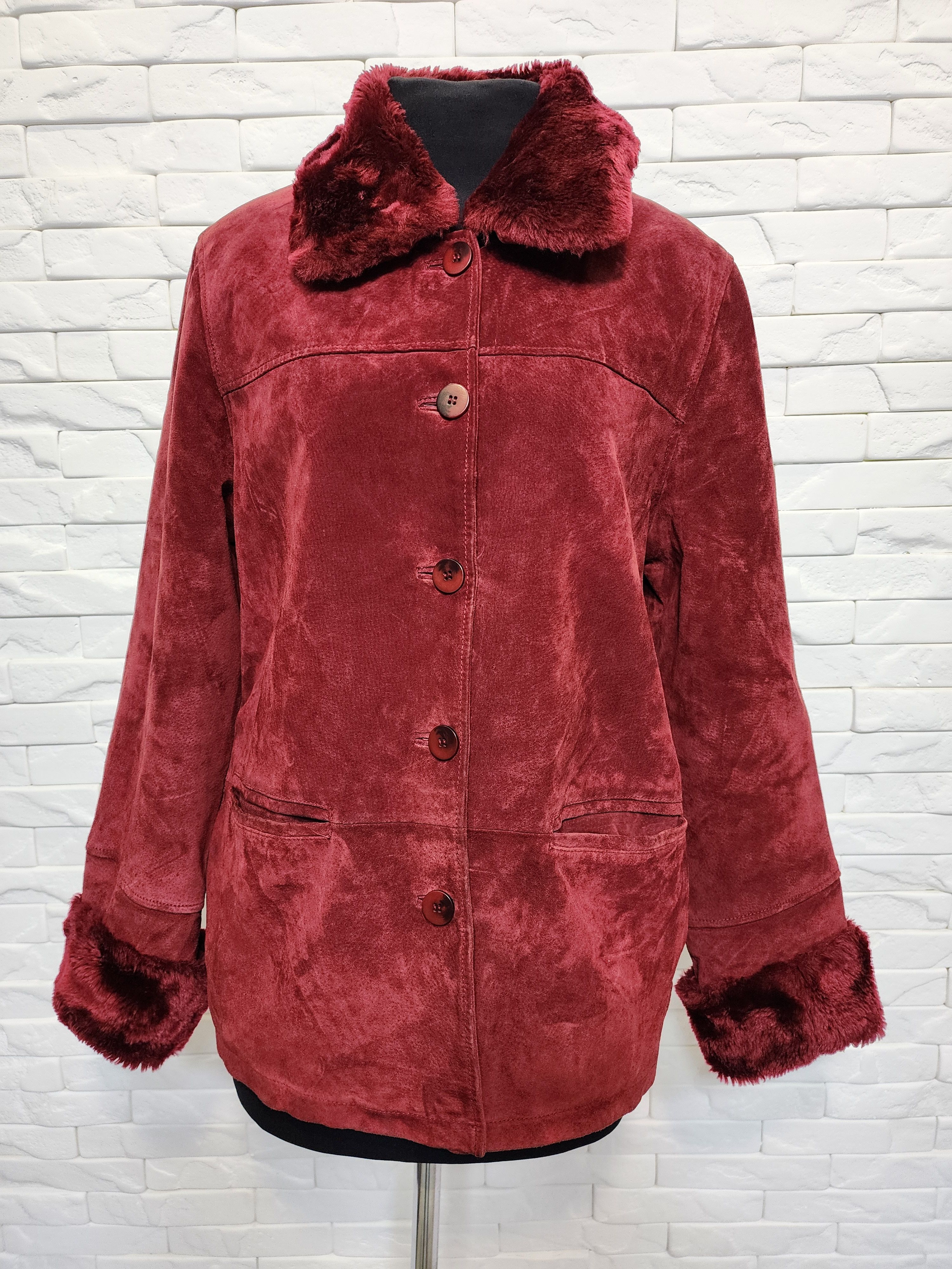 Genuine Leather Red Leather Jacket: Women's Button-Up Genuine Suede Coat Size XL / US 12-14 / IT 48-50 - 1 Thumbnail