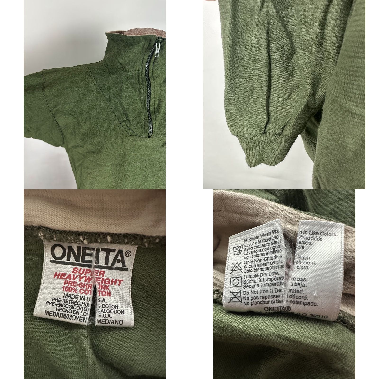 Vintage VINTAGE Oneita Sweatshirt 1/4 Zip Pullover M Adults Green Olive 90s Slim Fit Knit Cotton Size US M / EU 48-50 / 2 - 8 Thumbnail