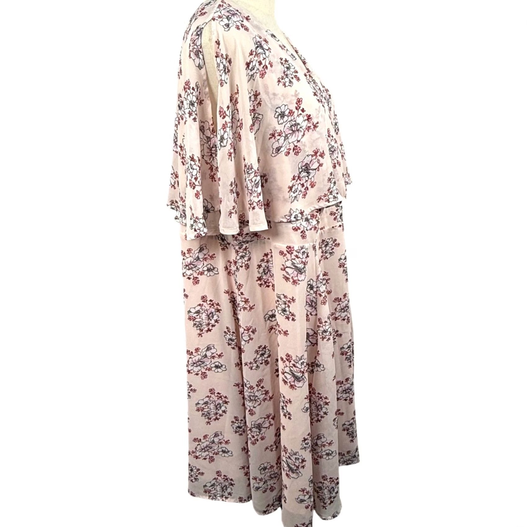 Torrid Torrid Pink Floral Dress 22 Capelet Overlay Chiffon Romantic Plus Size Midi Dress Flutter Sleeve V-Neck Zipper Womens Size 3XL / US 20-22 - 2 Thumbnail