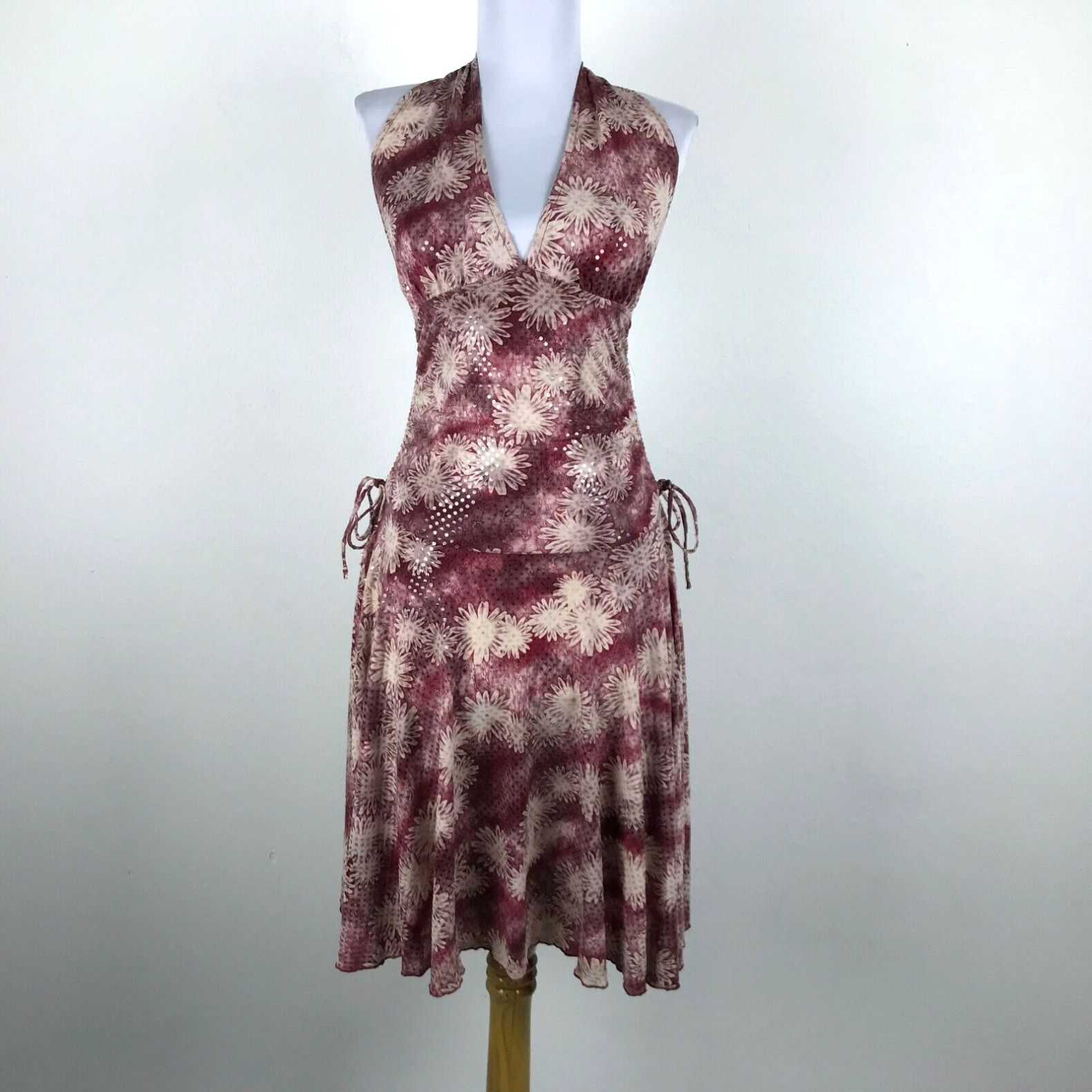image of B Sides Janine Floral Backless Halter Dress Fit & Flare Ruched Sides Stretch Mauve Size S in White,