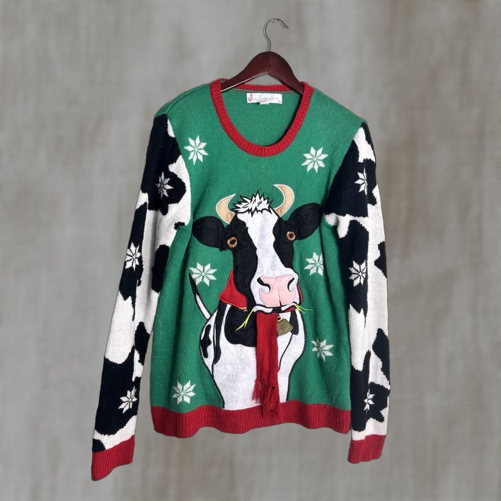 Vintage Jolly Sweaters Mens Medium Green Ugly Christmas Sweater Cow Cowbell Pullover Acrylic Size US M / EU 48-50 / 2 - 1 Thumbnail