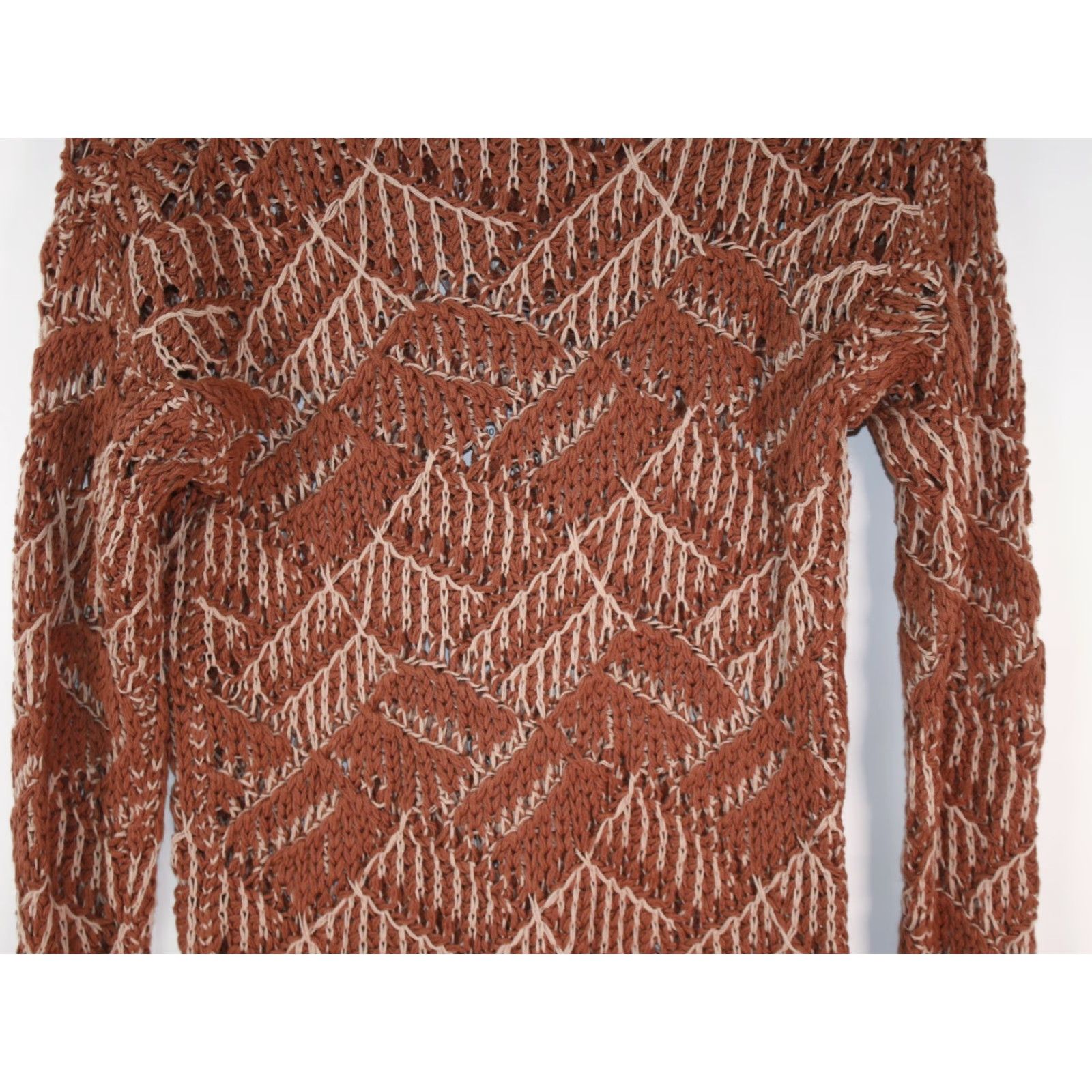 Vintage Universal Thread Women's Open Knit Sweater Brown Small Puff Sleeve Round Neck Geometric Lightweight Fall Casual Women's Size S / US 4 / IT 40 - 4 Thumbnail
