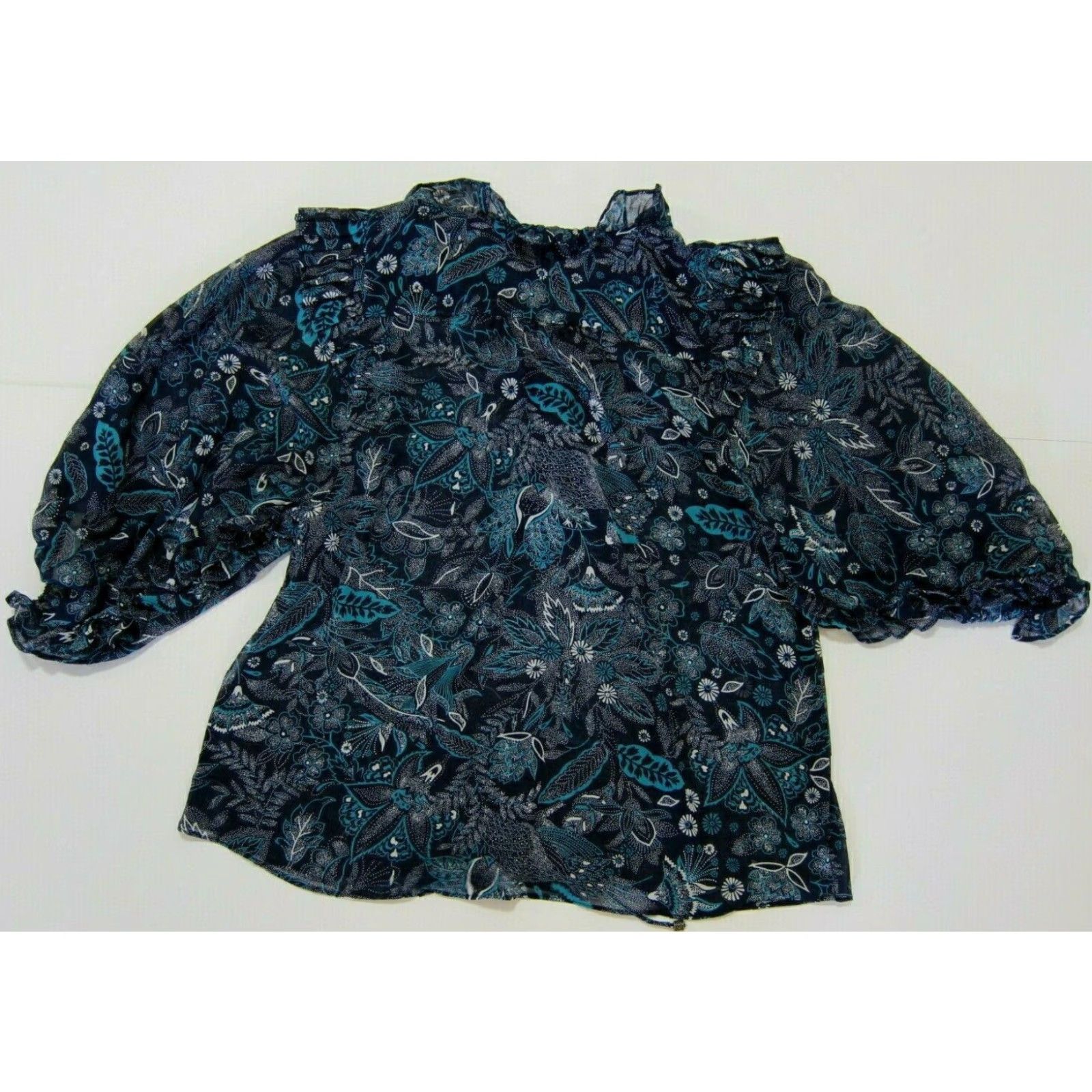 Anthropologie Anthropologie Blue White Floral Paisley Silky Sheer Peasant Blouse Women Small Size S / US 4 / IT 40 - 2 Thumbnail