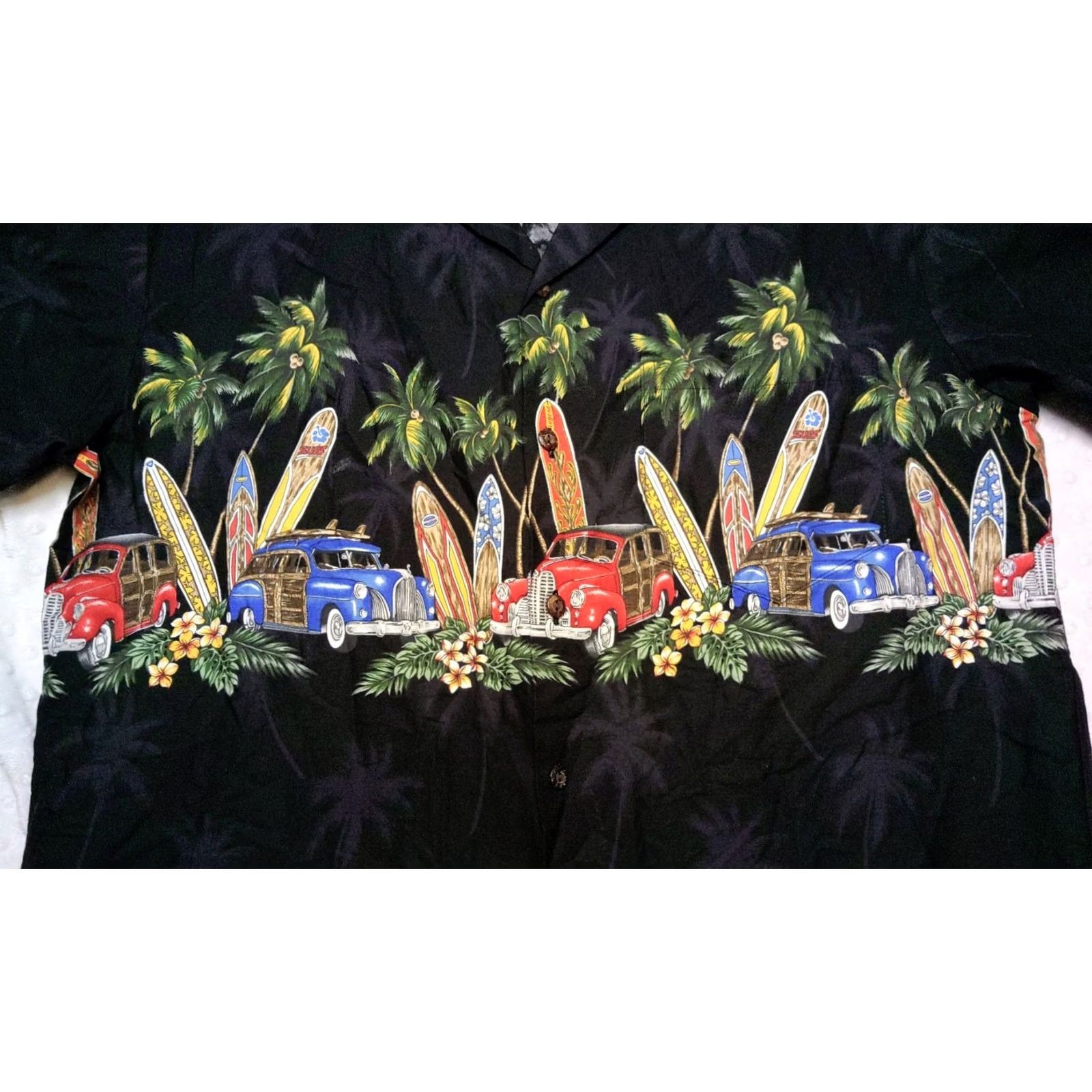 Vintage Vintage Pacific Legend Apparel, Inc. Hawaiian Shirt Mens L Black 100% Cotton Short Sleeve Button-Up Collared Beach Car Surfboard 90s Theme Size US L / EU 52-54 / 3 - 4 Thumbnail