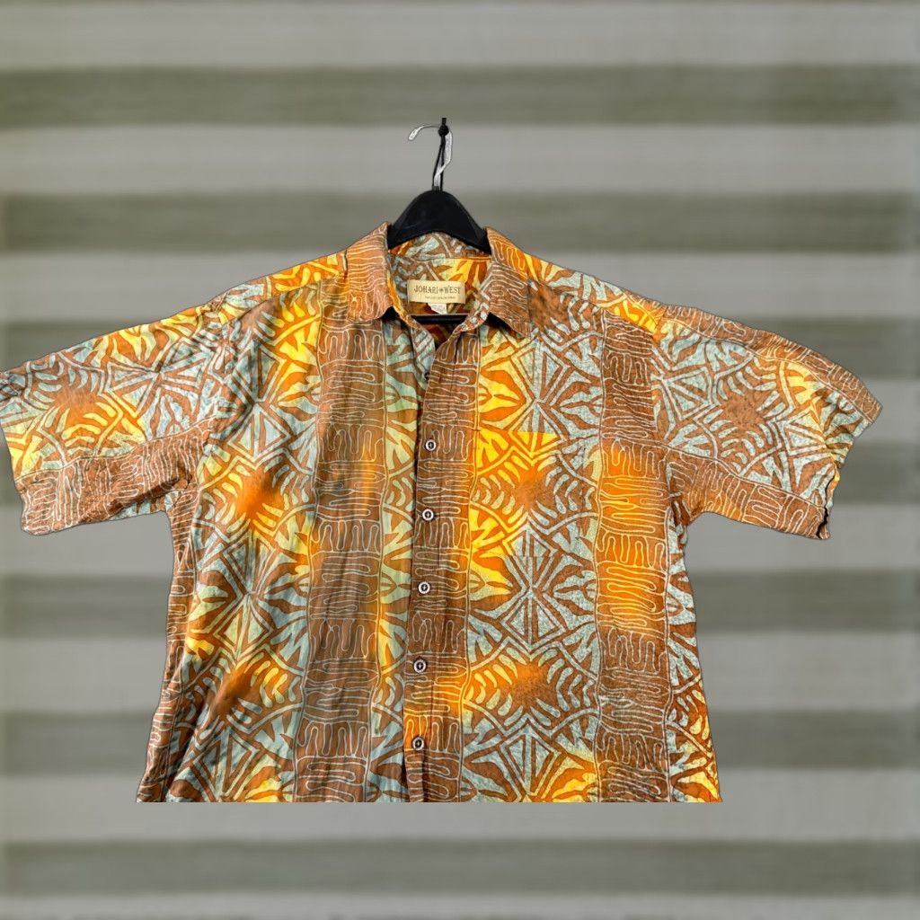 Vintage Johari West Leisure Shirt Mens XL Gold Blue Batik Print Hawaiian Short Sleeve Shirt Boys? Size US XL / EU 56 / 4 - 1 Thumbnail