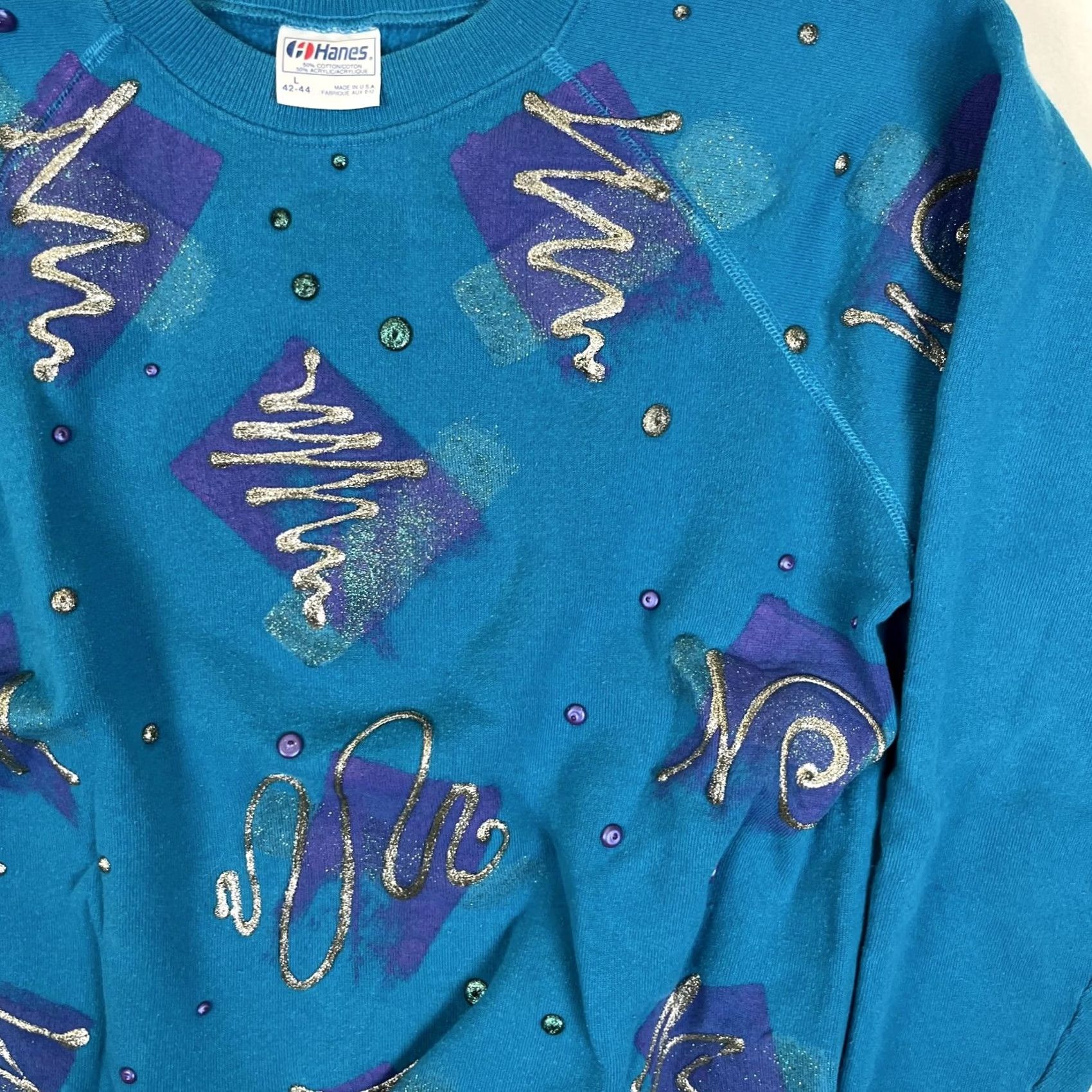 Hanes VINTAGE Hanes Sweatshirt Womens Large Blue Fleece 80s Glitter Studded Graphic Size L / US 10 / IT 46 - 3 Thumbnail
