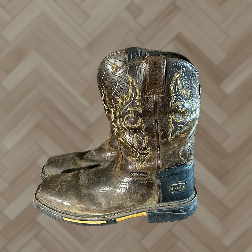 Vintage Justin Joist SE4625 Sz 13 D Rustic Barnwood Workwear Boots Composite Toe Leather Western Mens Shoes Size US 13 / EU 46 - 1 Thumbnail