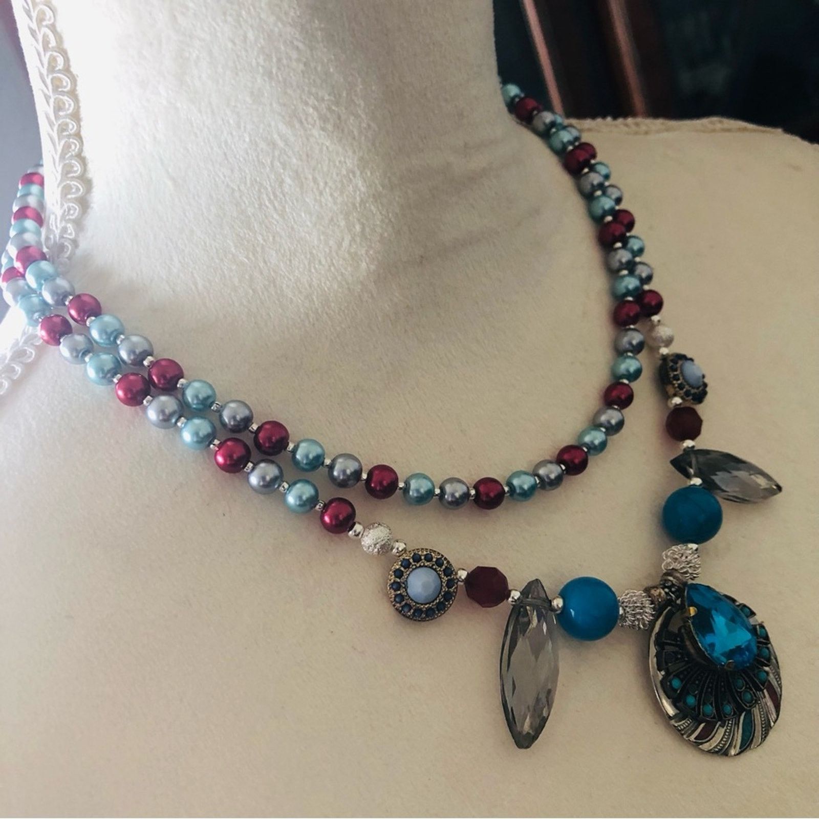 Handmade Handcrafted repurpose double strand turquoise Pearl necklac Size ONE SIZE - 3 Thumbnail
