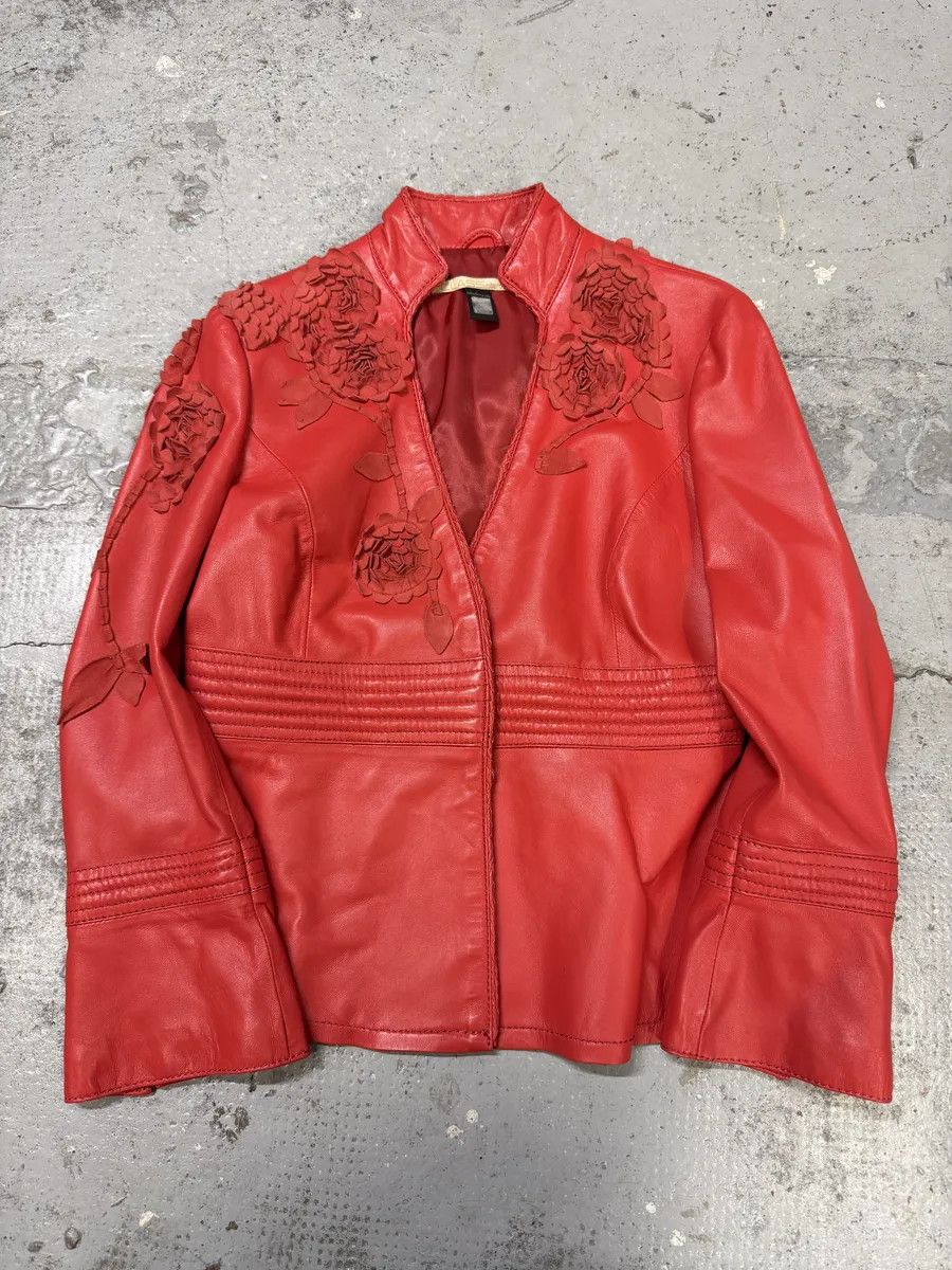 2000s Roberto Cavalli Roses Flowers Patchwork Red Leather Jacket