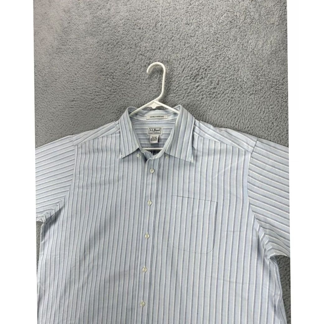 Vintage L.L. Bean Dress Shirt Men 17.5 Blue Double Stripe Wrinkle Resistant Pocket Short Sleeve Size 48R - 4 Thumbnail