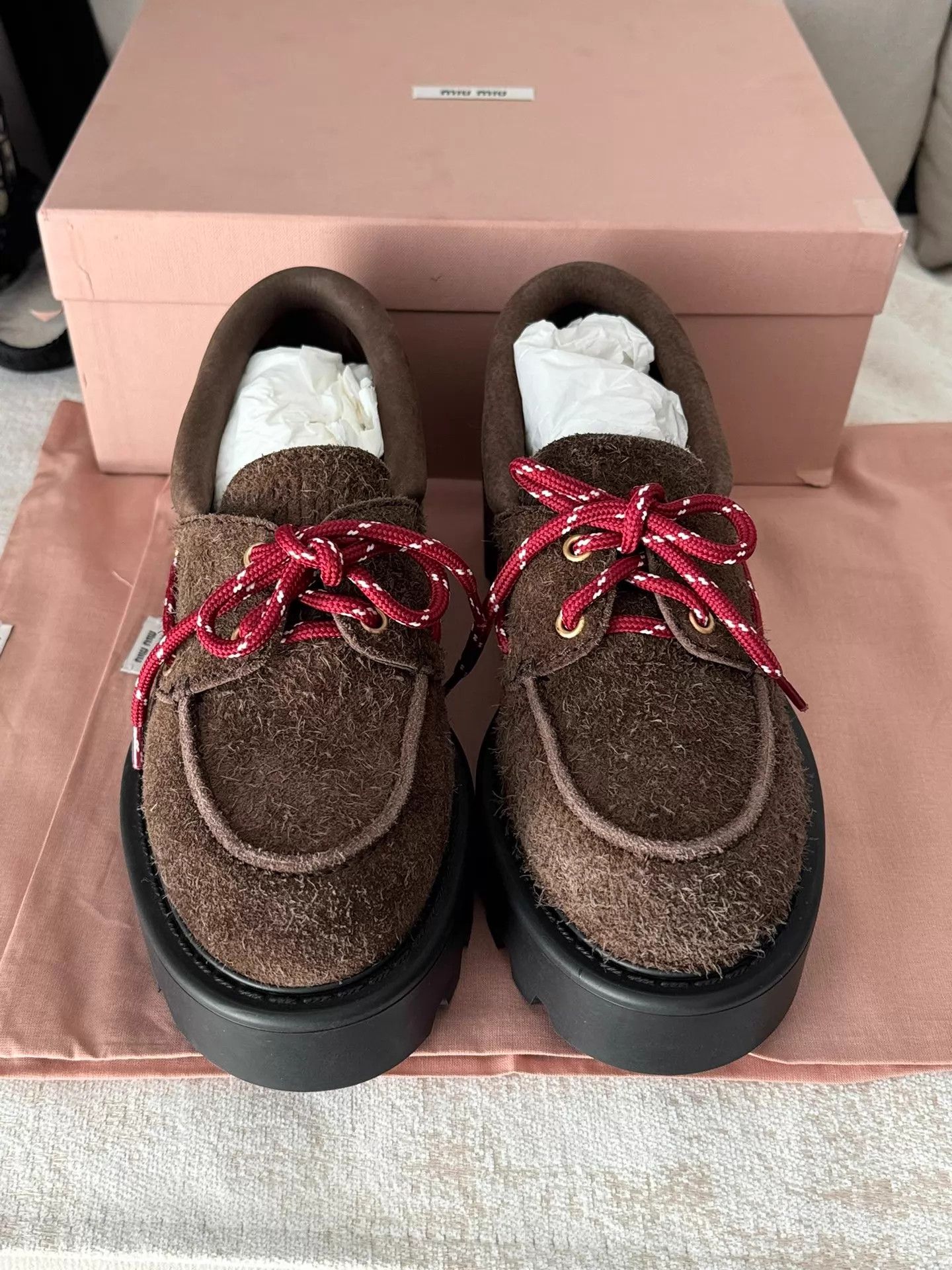 Miu Miu MIU MIU Women's 24FW Brown Suede Lace-up Platform Loafer Size US 8 / IT 38 - 2 Thumbnail