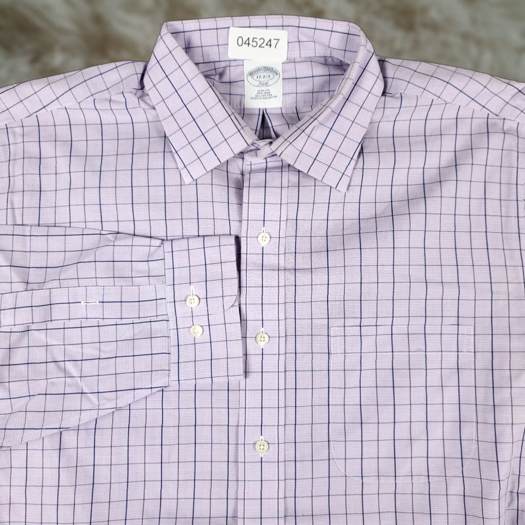 Brooks Brothers VINTAGE Brooks Brothers Shirt Mens 17 Purple Check Dress Button Up Long Sleeve - 100% Cotton, Regular Fit, Non-Iron, Classic Preppy Mens Dress Shirt Size 46R - 1 Thumbnail