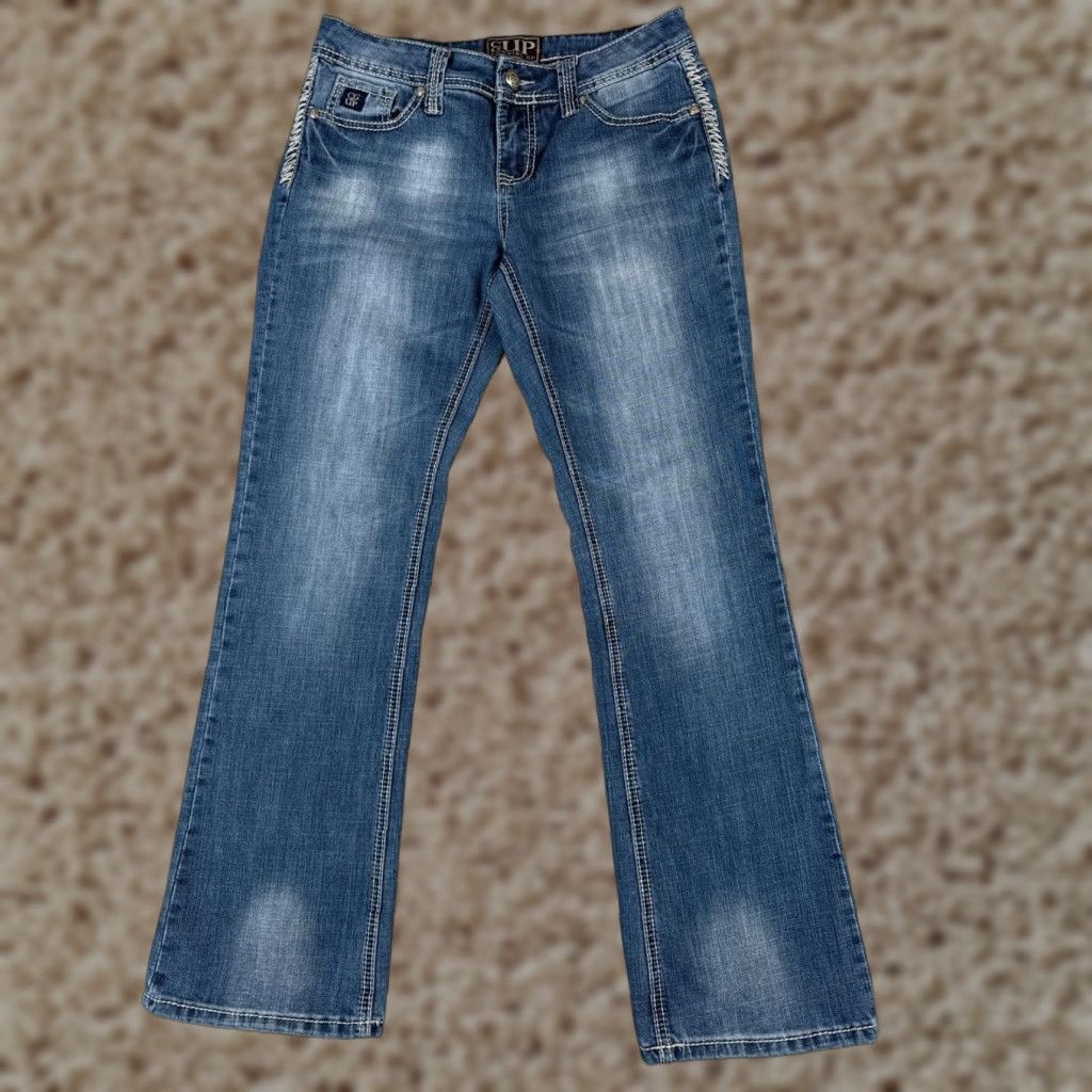 Denime Cowgirl Up Jeans Women Bootcut 29x30 Blue Denim Distressed 5-Pocket Regular Low Rise Jeans Mens Womens Girls Size 29" - 1 Thumbnail