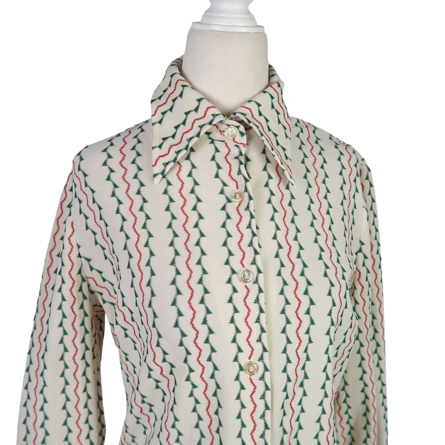 Vintage VINTAGE Dalton Shirt Women Button-Down 70s Bohemian Geometric Stripe M Cream Green Red Long Sleeve Size M / US 6-8 / IT 42-44 - 2 Thumbnail