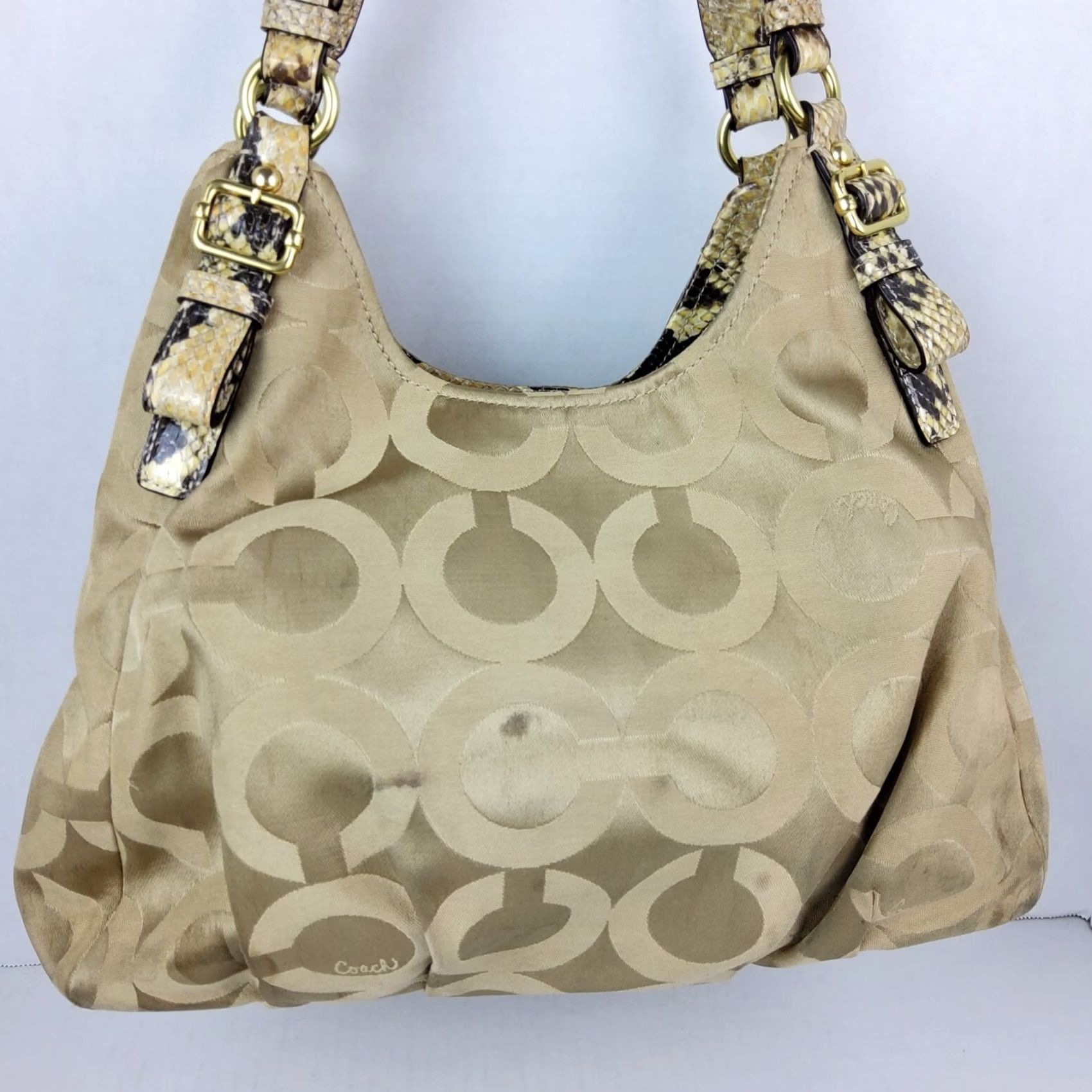 Coach Coach Op Art Snake Trim Shoulder Bag Purse, Signature 17689, Brown, Women, Fabric, Shoulder Bag, Snake Theme, 14x9.5x4, Pre-owned Size ONE SIZE - 7 Thumbnail