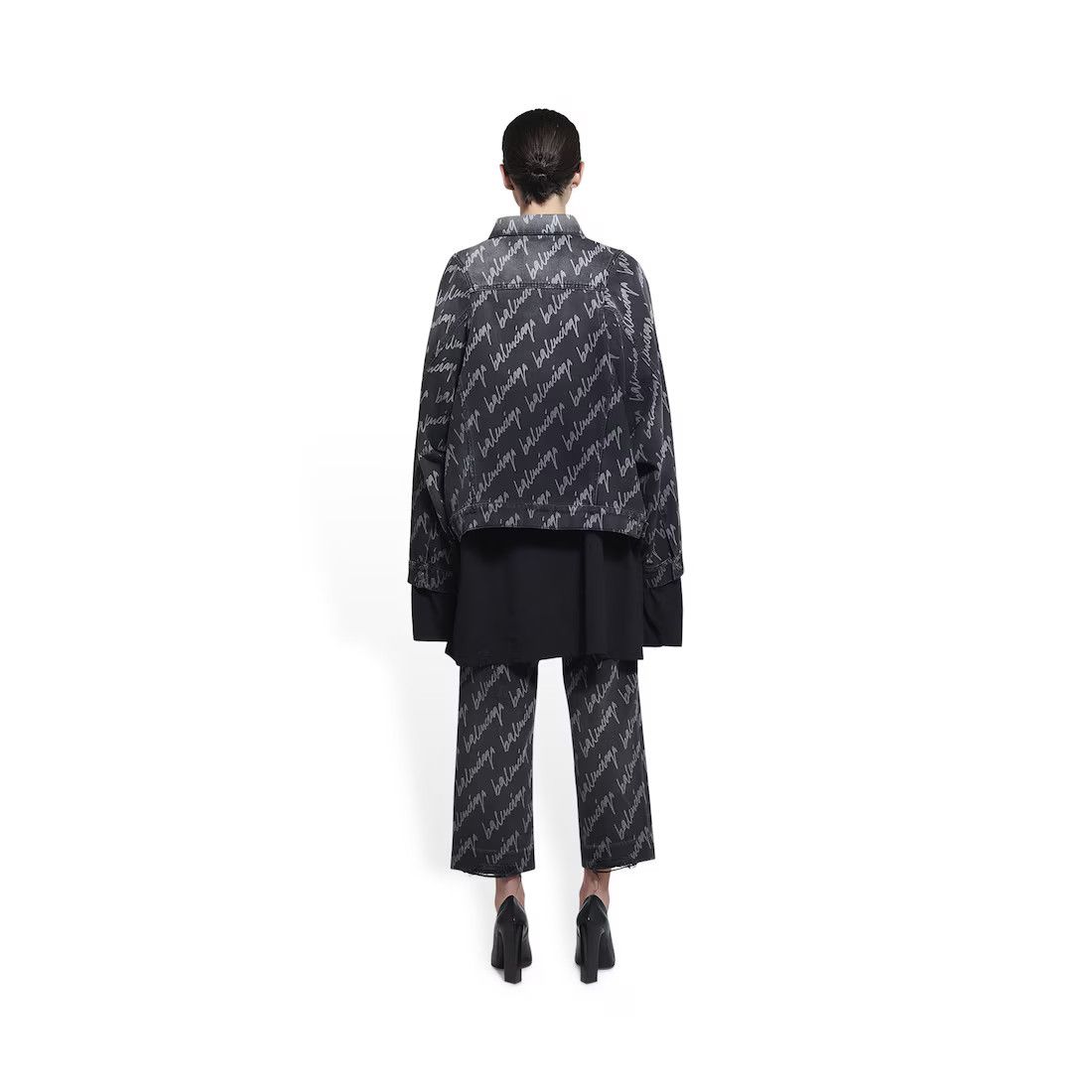 Balenciaga oc11z0125 Allover Logo Bell Sleeve Jacket in Black Size XS / US 0-2 / IT 36-38 - 3 Thumbnail
