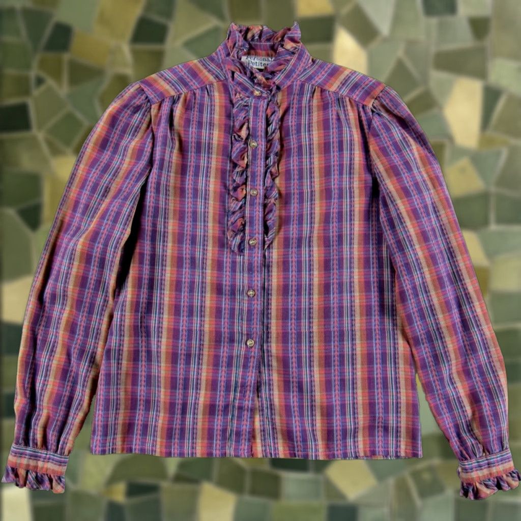 Pinko VTG Personal Petites Purple Pink Brown Plaid Ruffle Neck Long Sleeve Blouse XS Size XS / US 0-2 / IT 36-38 - 1 Thumbnail