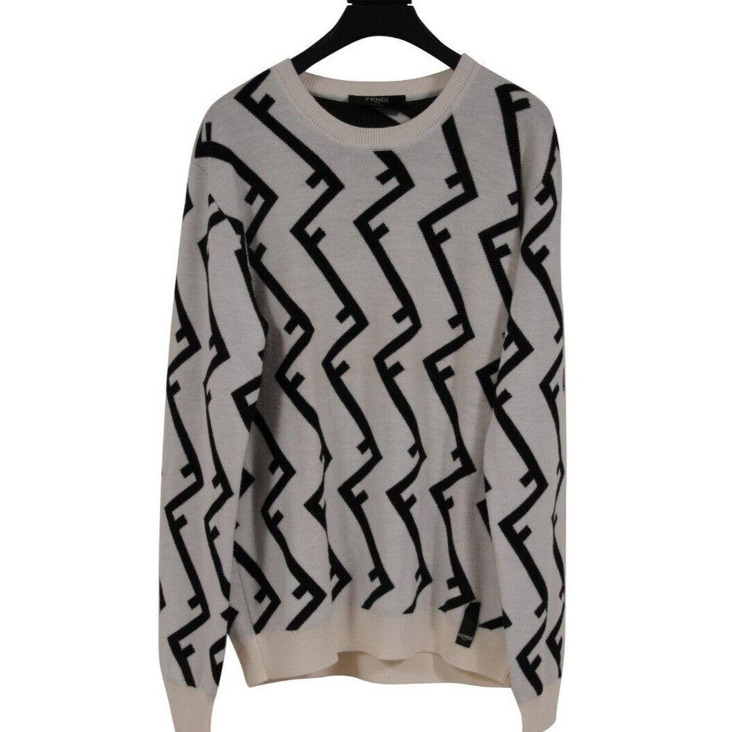 Fendi Geometric FF Logo Sweater Tan Black Wool Pullover Size US L / EU 52-54 / 3 - 1 Thumbnail