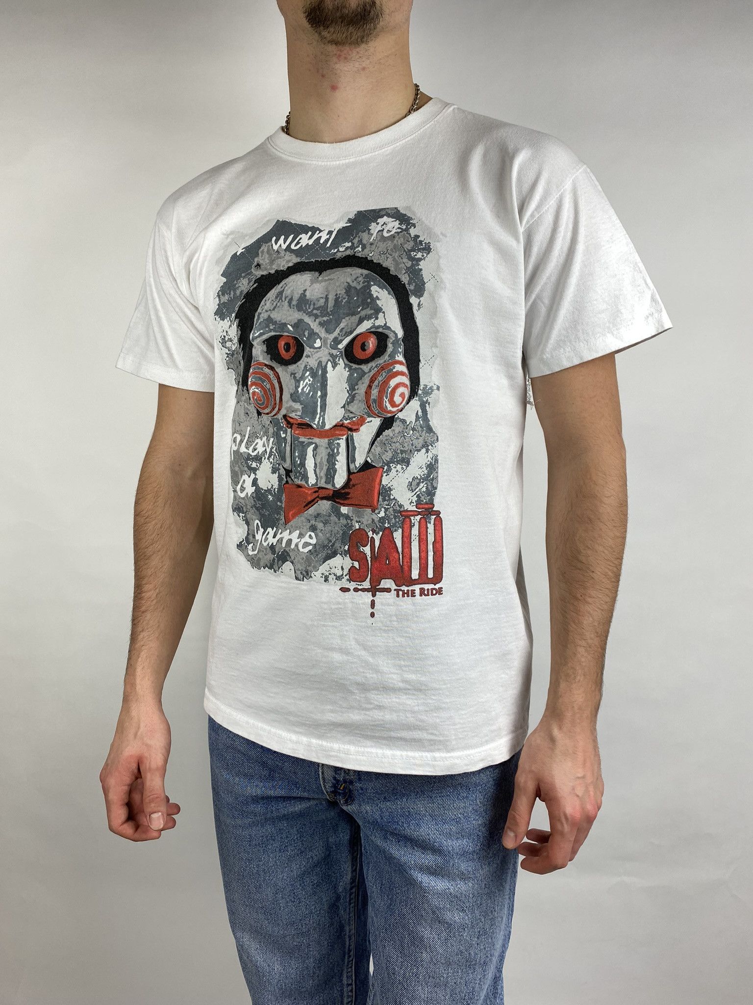 image of Saw Horror Movie 90's T-Shirt in White, Men's (Size Large)