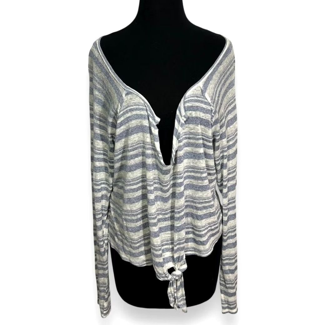 Bella Dahl Bella Dahl Linen Blend Long Sleeve Striped Tie Front Womens Med Blue Shirt Size M / US 6-8 / IT 42-44 - 2 Thumbnail