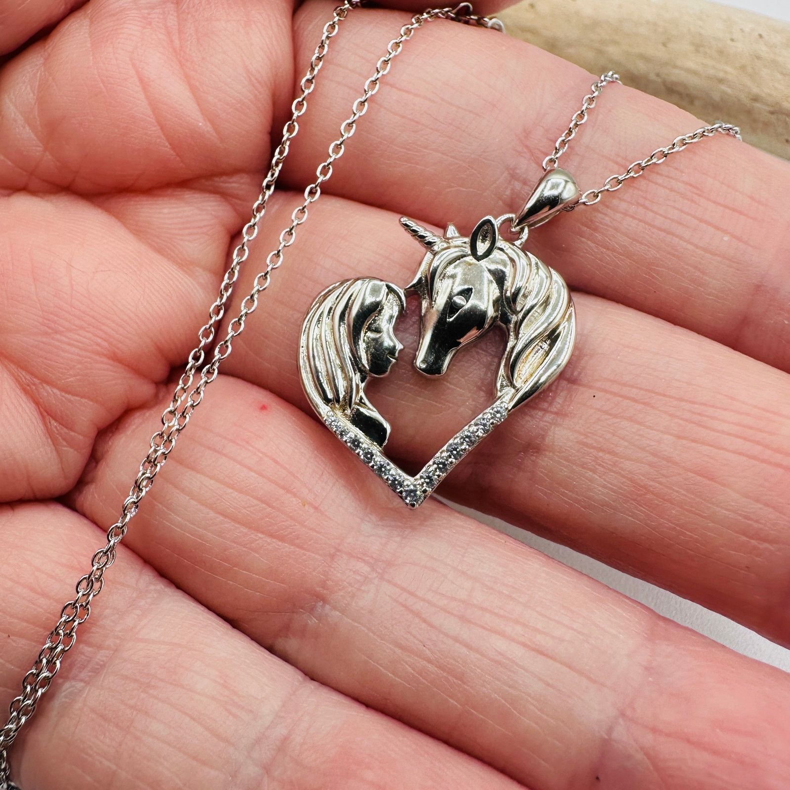 The Unbranded Brand Horse With Girl & Heart CZ Sterling Silver Necklace Size ONE SIZE - 3 Thumbnail