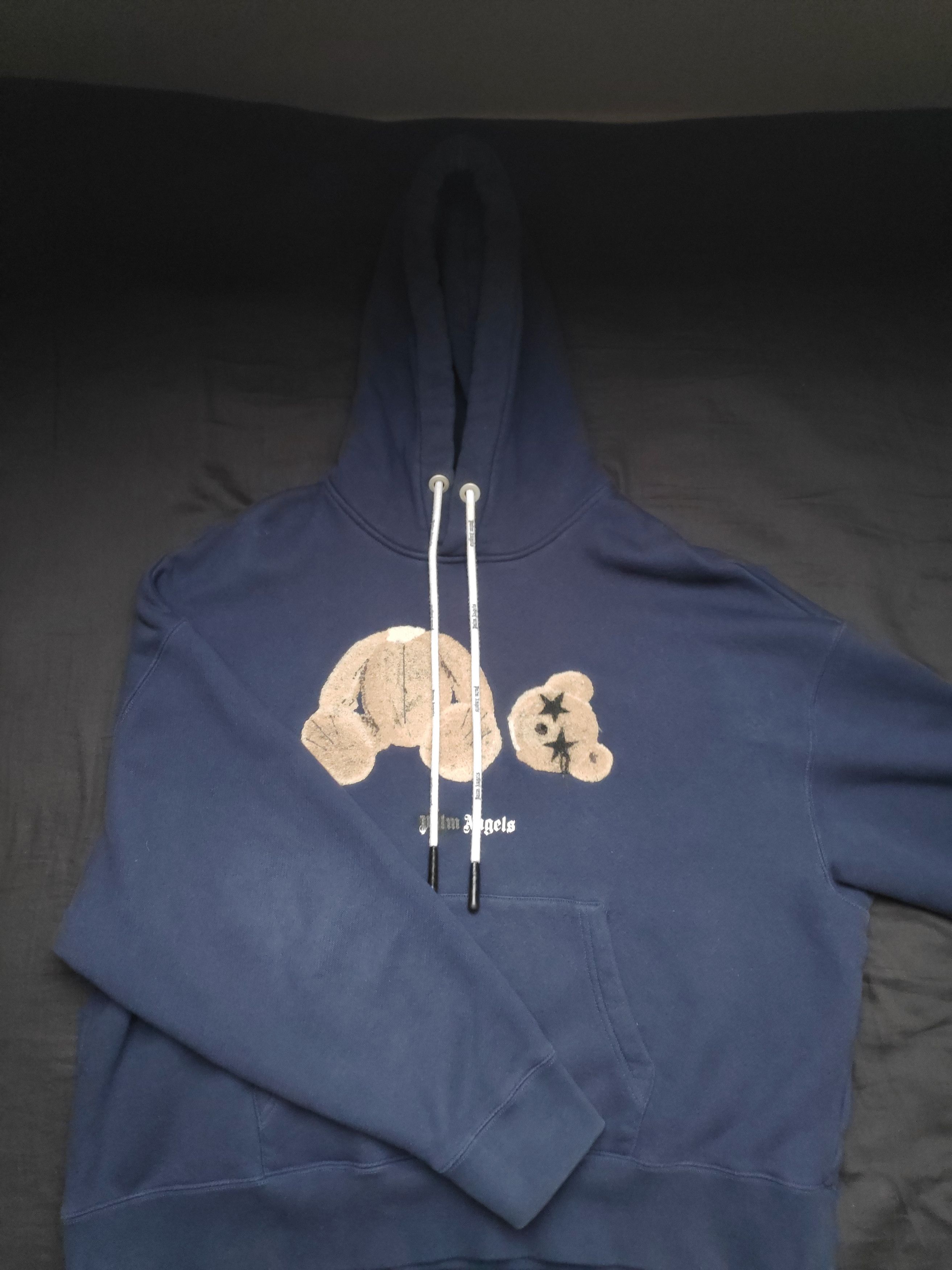 Palm Angels Bear Print Sprayed Logo Hoodie Navy Blue/Brown