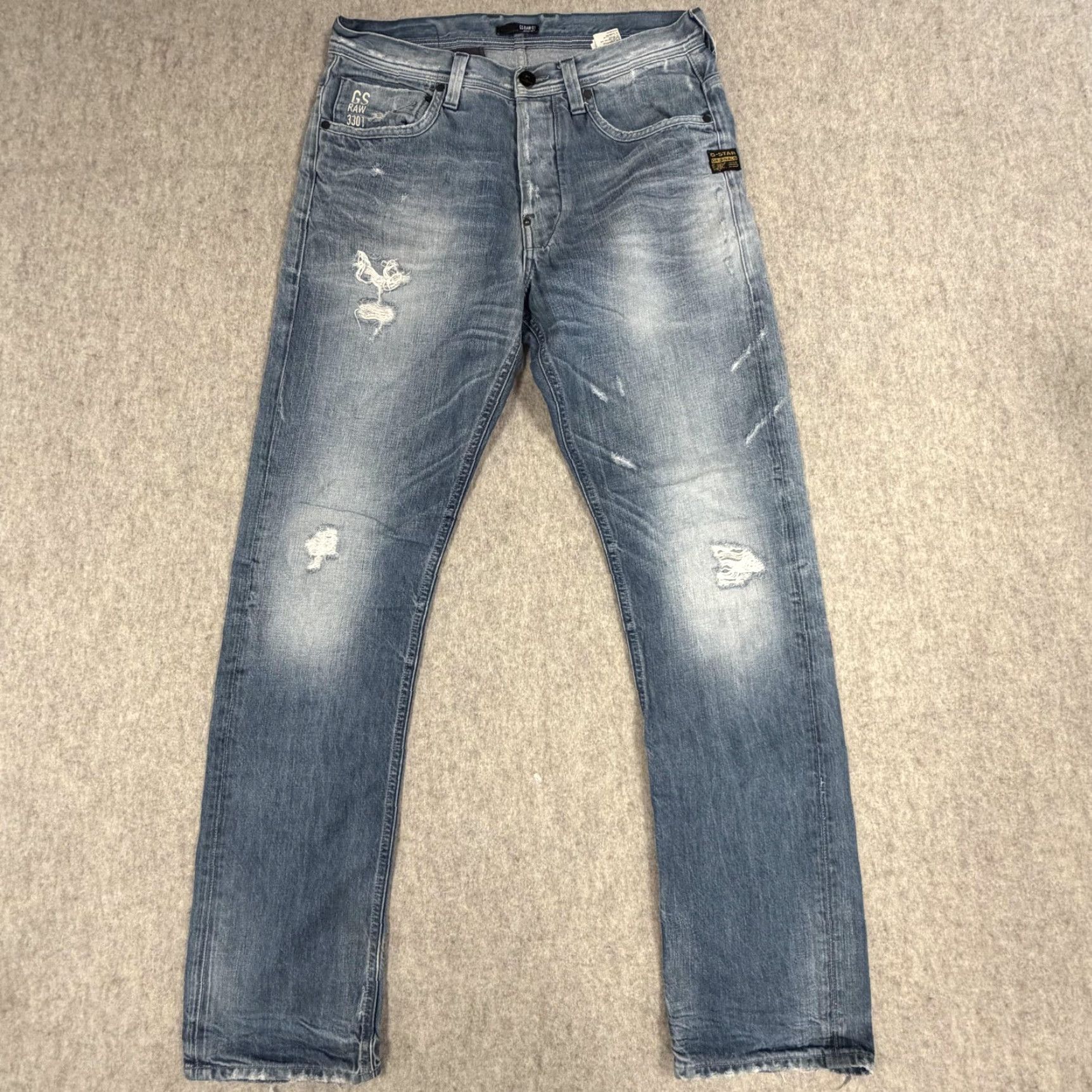 Vintage G-Star RAW Jeans Mens 33x34 Light Wash 3301 Distressed Straight Button Fly Size US 33 - 4 Thumbnail