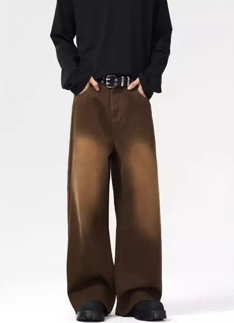 Men's washed brown distressed retro straight wide-leg jeans
