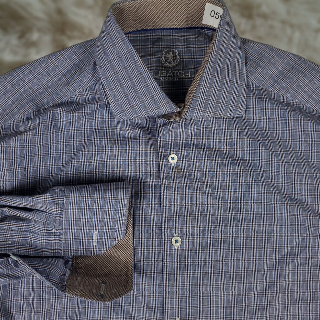 bugatchi uomo dress shirt Mens Size M Button Up Plaid Long Sleeves 100% Cotton the tapered waist and slightly shorter sleeve lengths and narrow shoulders helps move with your body rather than against it Bugatchi effortlessly blends luxury with innovation OoohCotton The Art of The