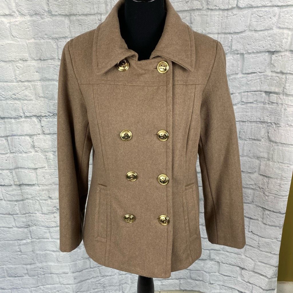 image of Calvin Klein Women 14 Wool Blend Tan Peacoat W/quilted Lining & Gold Buttons (Size XL)