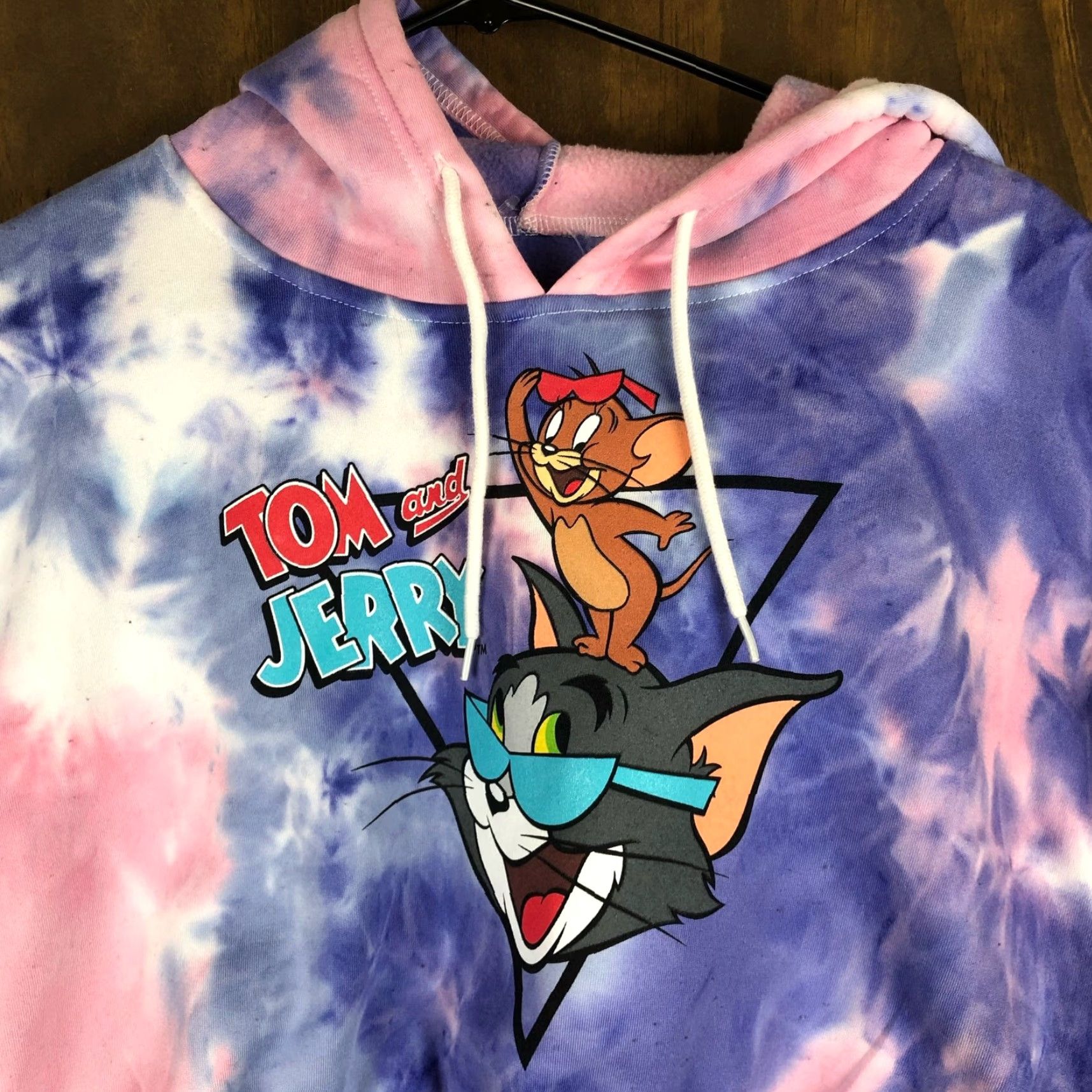 Vintage Tom & Jerry Womens Sweatshirt Tie Dye Cropped Hooded Y2K XL Pink Sweater Pullover Hooded Graphic Print Casual Streetwear Shirt Womens XL Size XL / US 12-14 / IT 48-50 - 2 Thumbnail