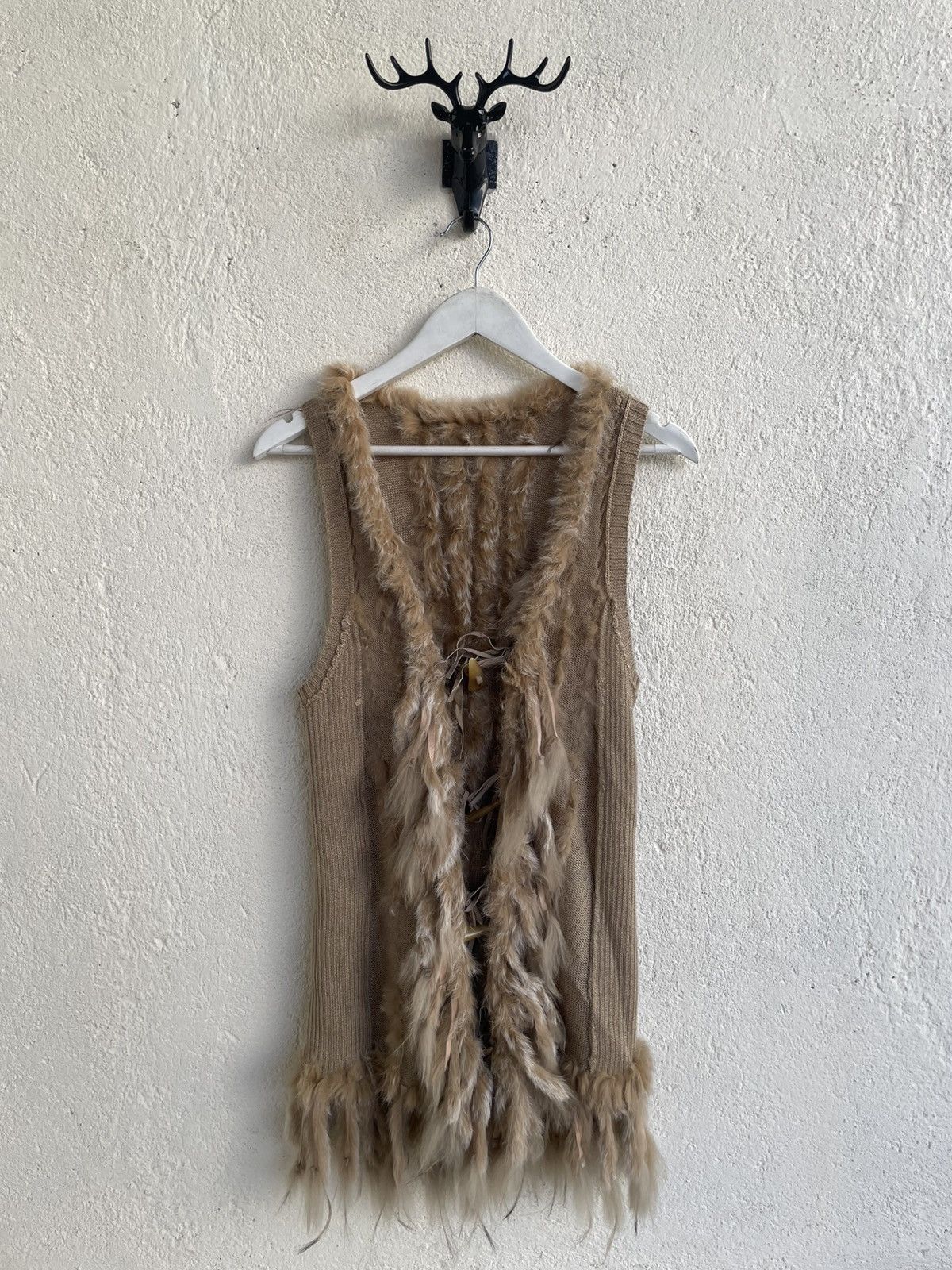 Tornado Mart 00s Fur Trim Kait Long Vest Cardigan Beige Boho Y2K 14th Goa Size 36R - 1 Thumbnail