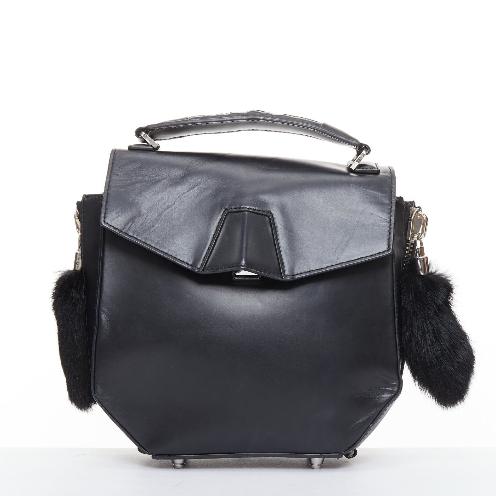 Alexander Wang ALEXANDER WANG Devere black rabbit fur trim geometric structural bag Size ONE SIZE - 1 Thumbnail