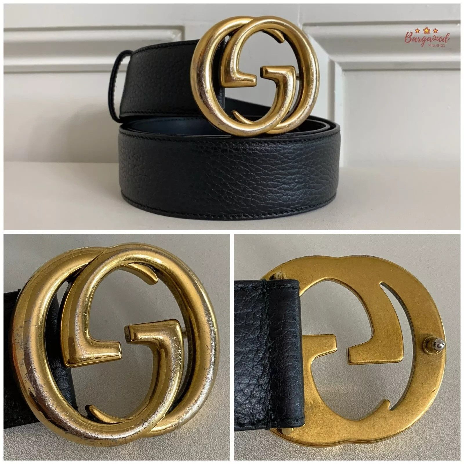 Gucci Gucci Black Pebbled Leather Gold Interlocking G Buckle Belt Size 34 - 3 Thumbnail