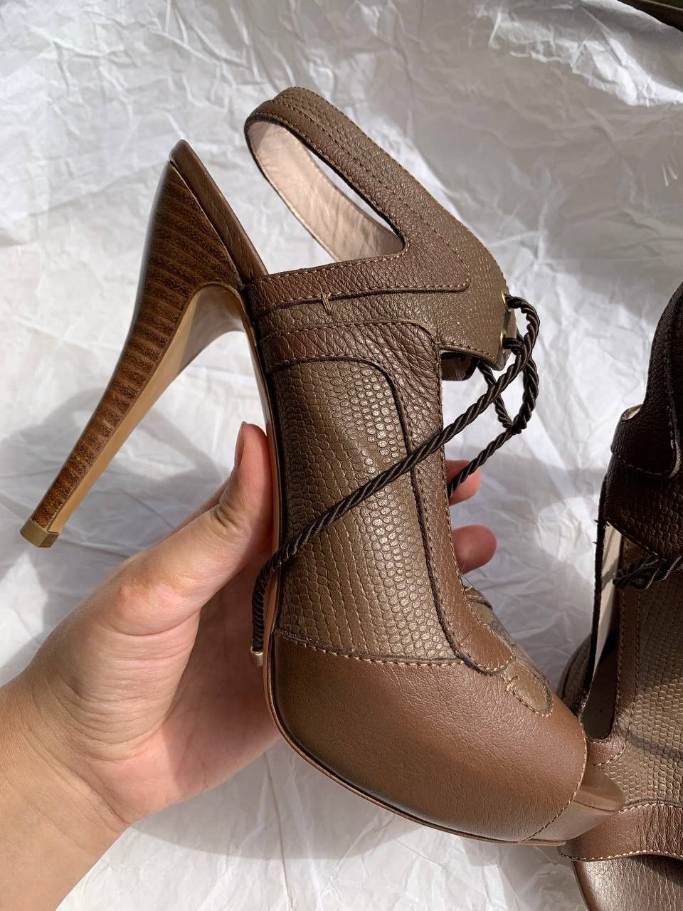Escada × Vintage Escada vintage brown leather gladiators on heels Size US 8 / IT 38 - 9 Thumbnail