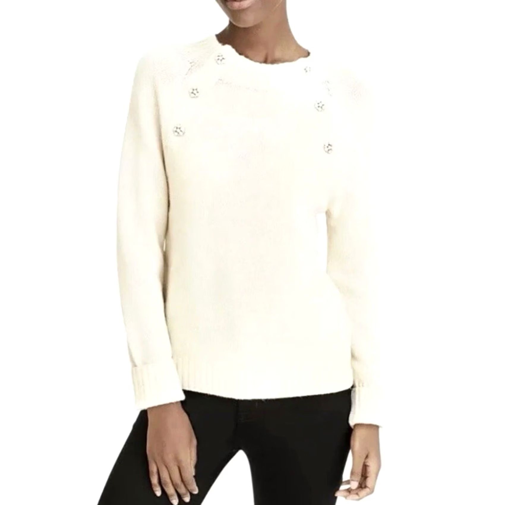 J.Crew J.CREW Ivory Wool Blend Women’s Small Crewneck Sweater With Jeweled Buttons Crew Neck Pullover Long Sleeve Knit Size S Coral Cream Womens Size S / US 4 / IT 40 - 2 Thumbnail