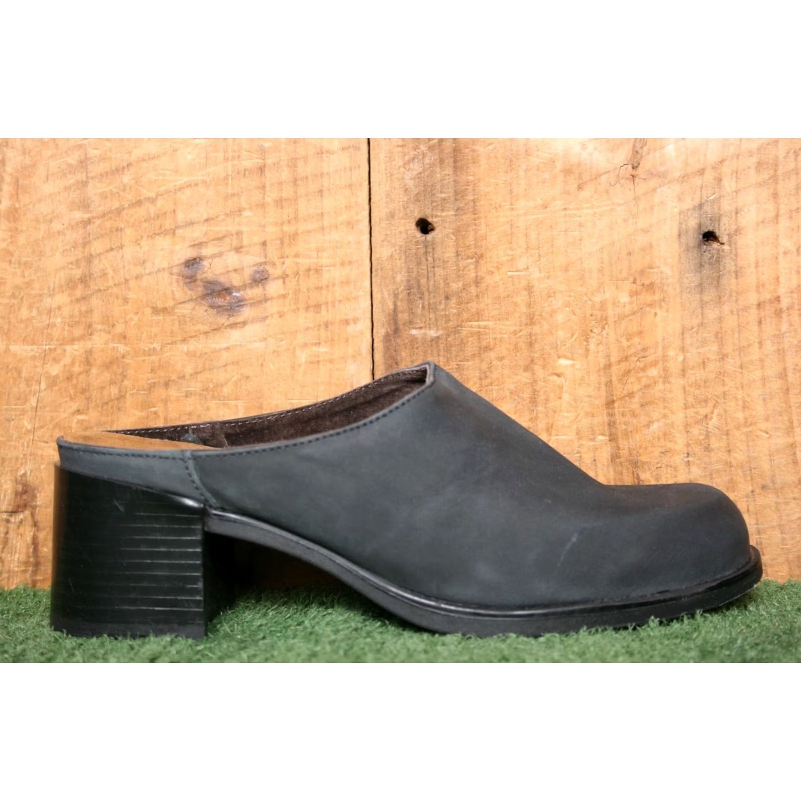Vintage NAOT Black Leather Mules with 2.25" Block Heels, Slip On, Womens, EU 37 / US 6, Upper Leather, Mid Heel, Casual, Black Size US 6 / IT 36 - 2 Thumbnail