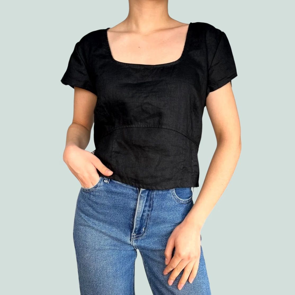 Vintage House of Harlow 1960 Blouse Women's Linen Top Black Square Neck Short Sleeve M Cropped Beach Classic Designer Womens Size M / US 6-8 / IT 42-44 - 1 Thumbnail