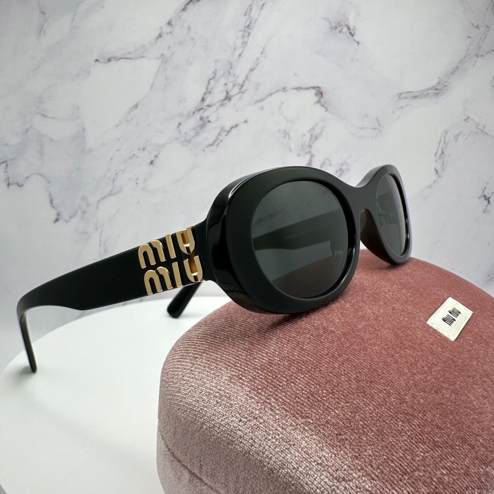 Miu Miu New MIU MIU Sunglasses Black Oval Gold Metal Logo Authentic Size ONE SIZE - 15 Thumbnail