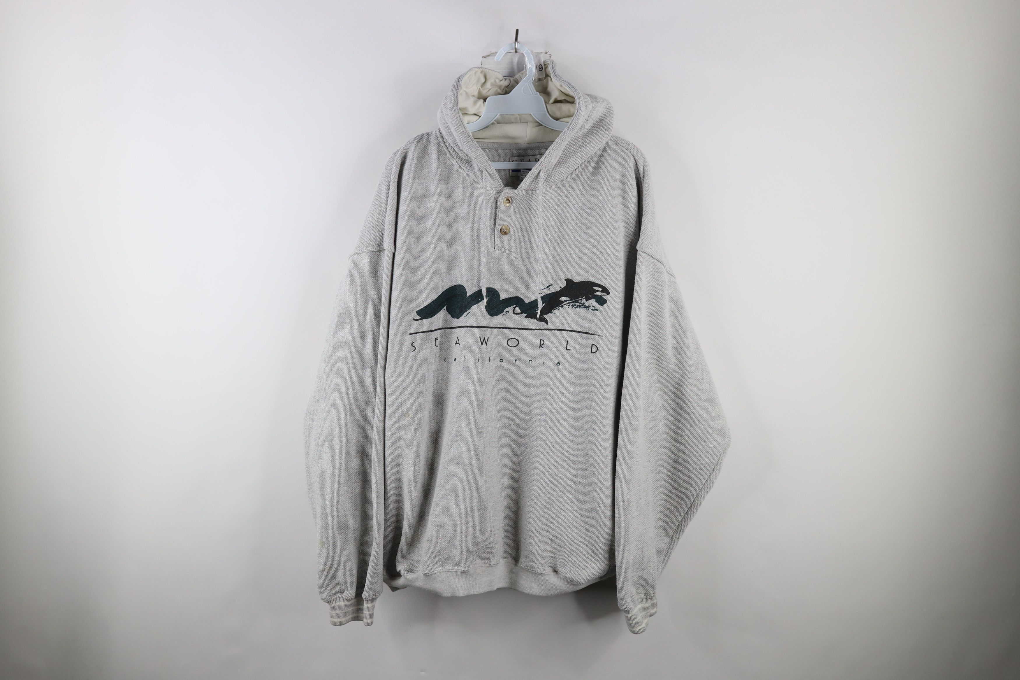 Image of Vintage 90's World California Thermal Knit Hoodie Sweatshirt in Grey, Men's (Size XL)