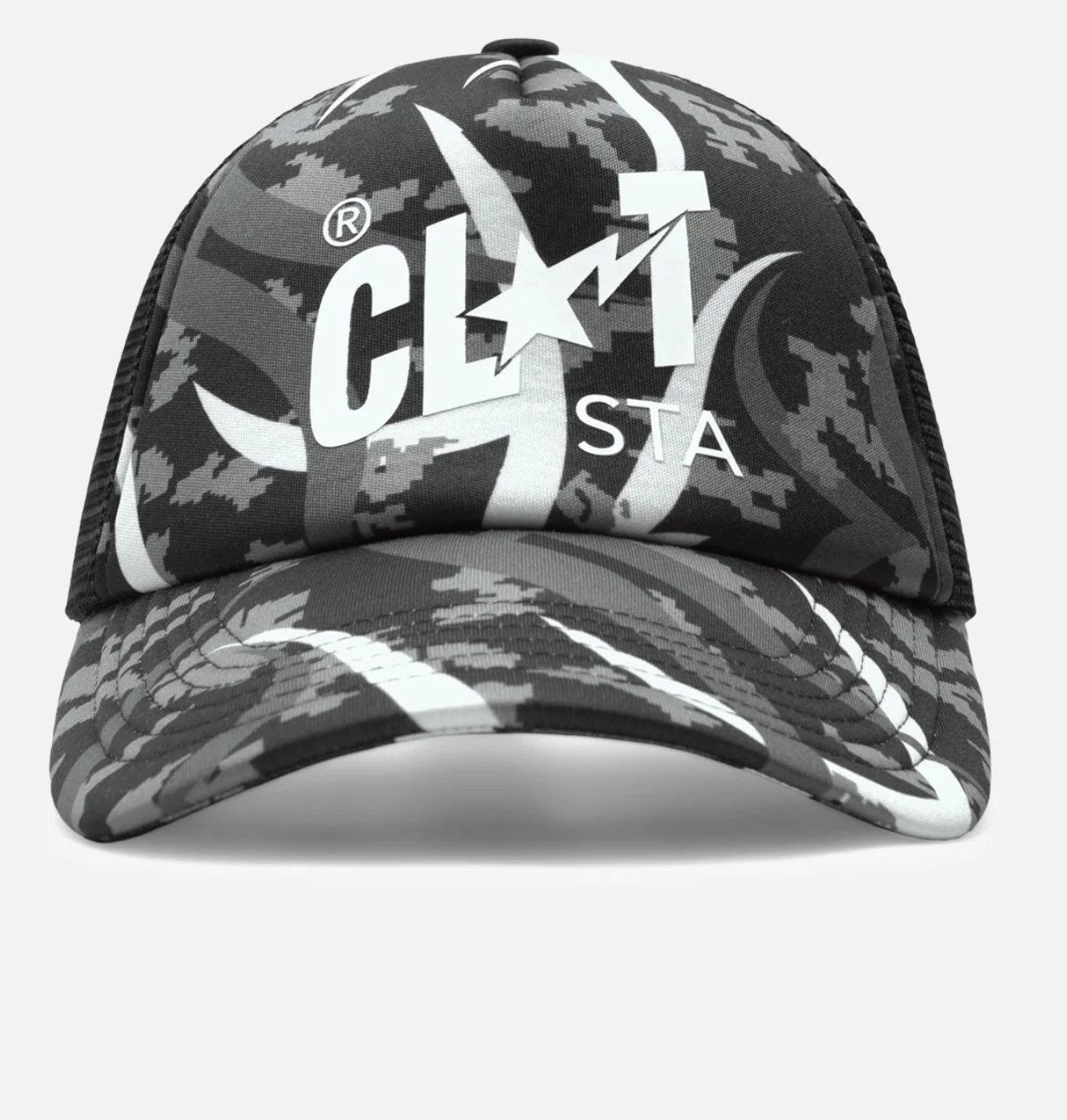 BAPE × CLOT camo trucker hat