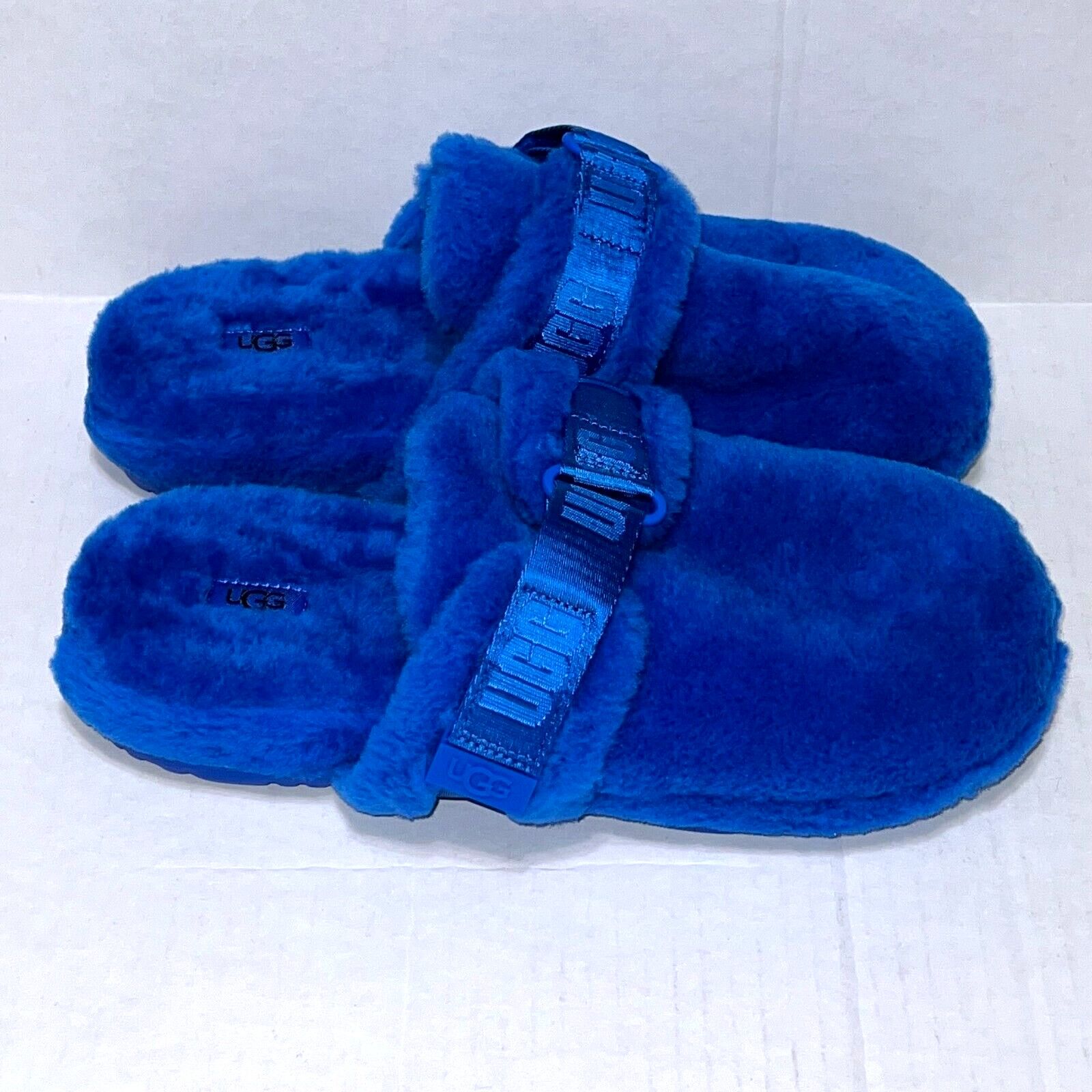 Mens Slippers Royal Blue Fur Slides UGG PLUSH Men's Size 11 Fluff